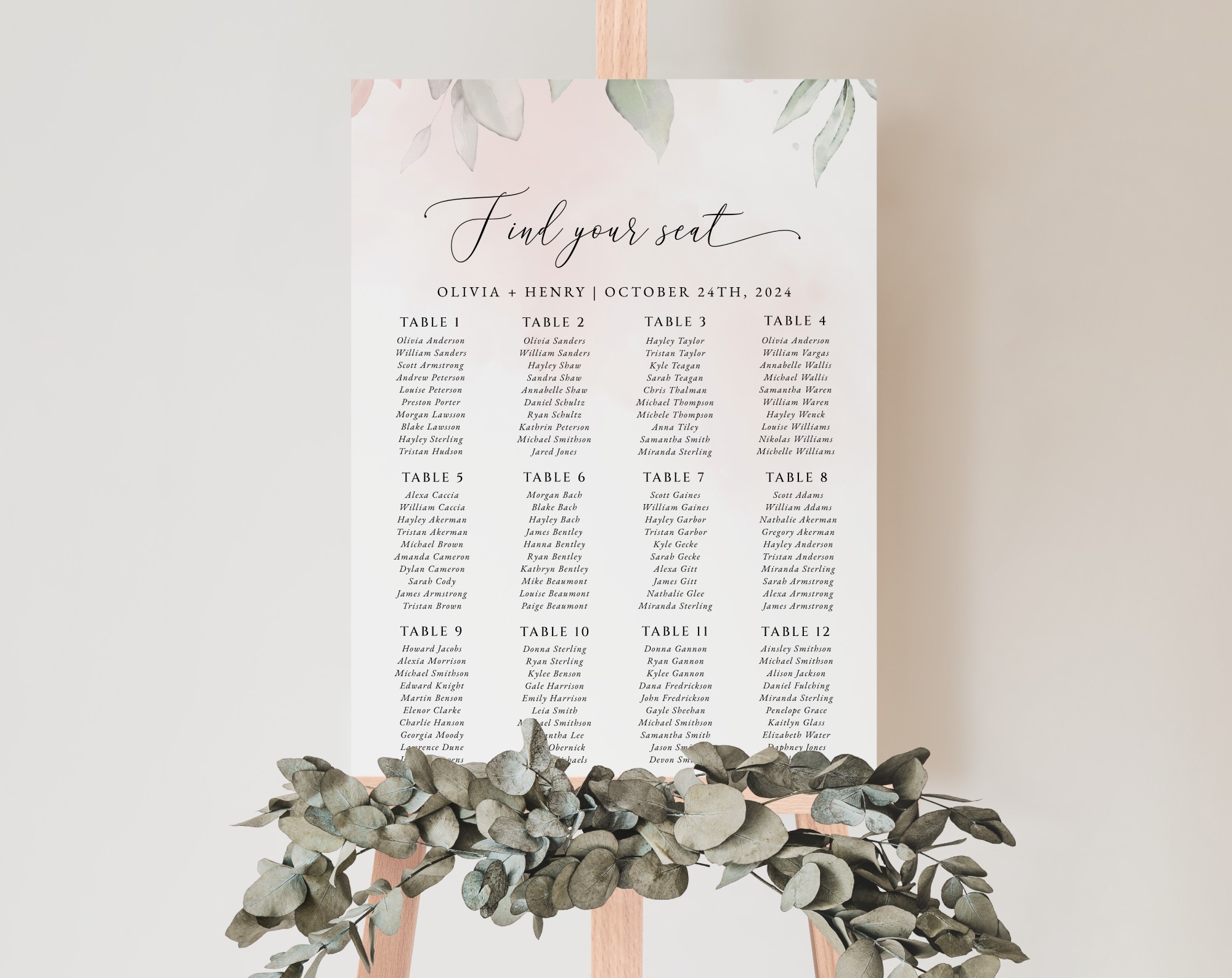 Blush Pink Flowers Seating Chart, Wedding Sign, Printable File, Edit Yourself, SH47