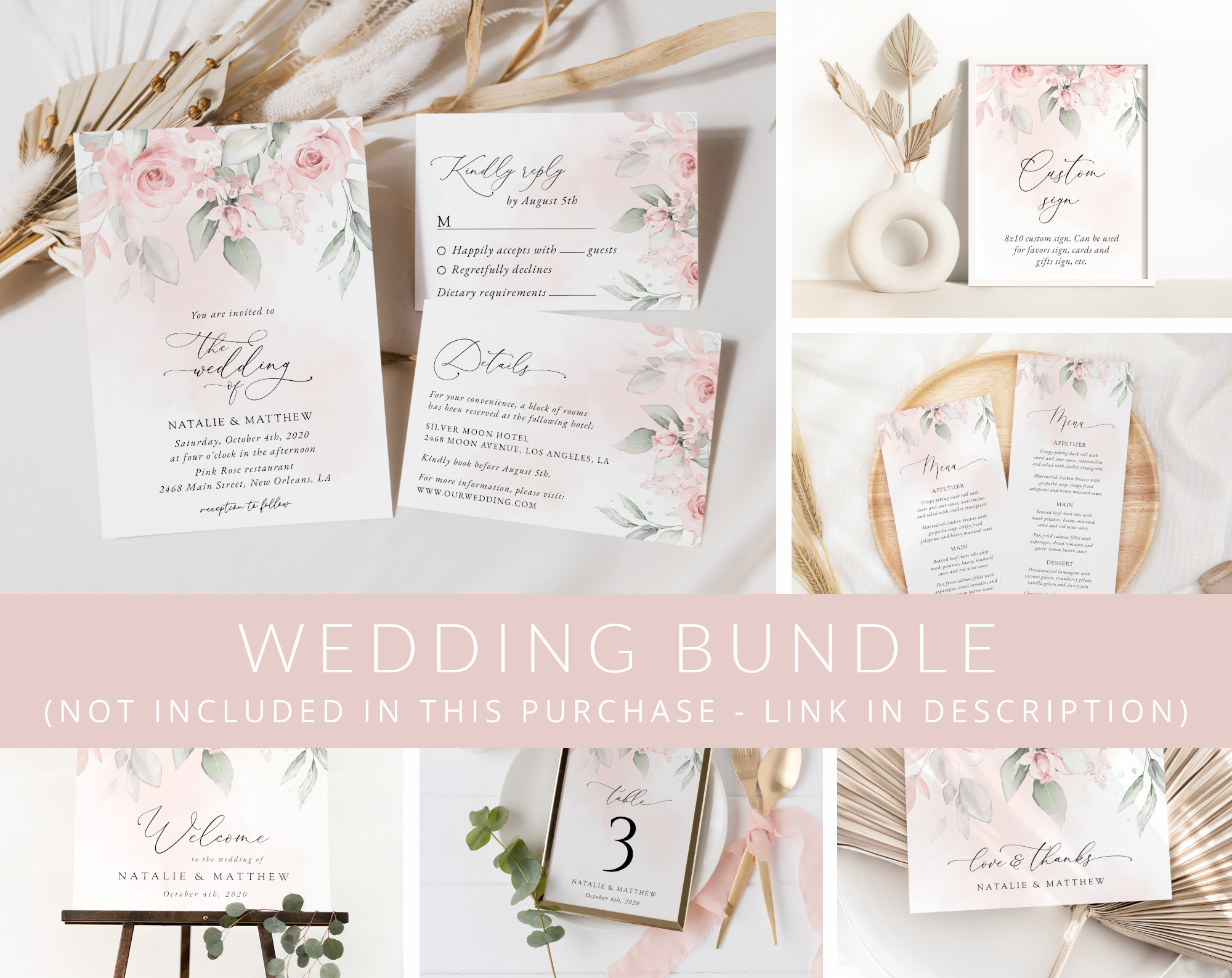 Blush Pink Flowers Wedding Bundle, Printable File, Edit Yourself, SH47