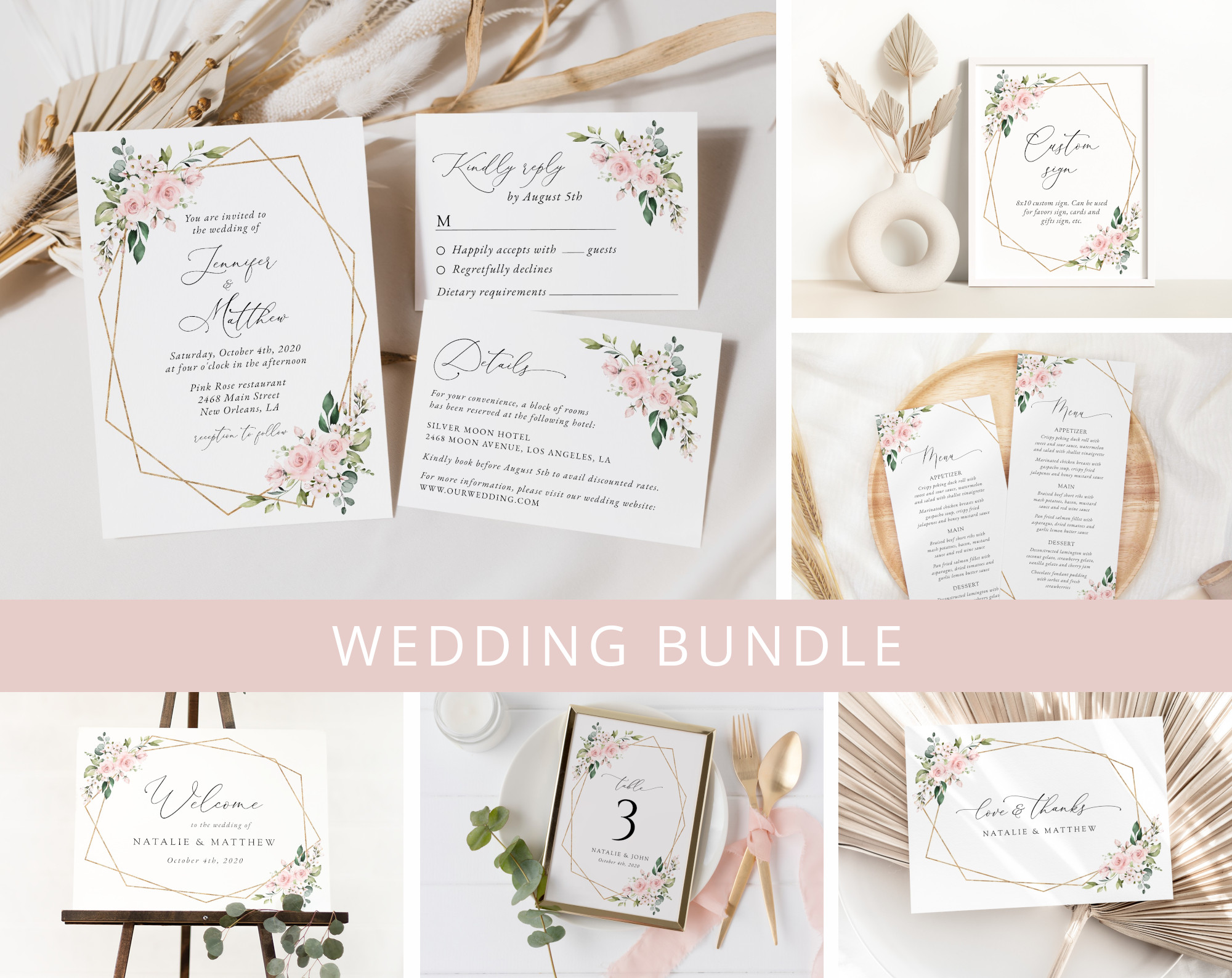 Pink Flowers Wedding Bundle, Printable File, Edit Yourself, SH48