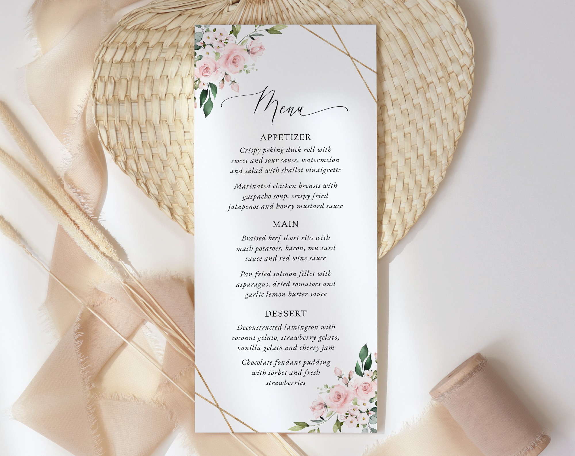 Pink Flowers Wedding Menu, Wedding Stationery, Printable File, Edit Yourself, SH48