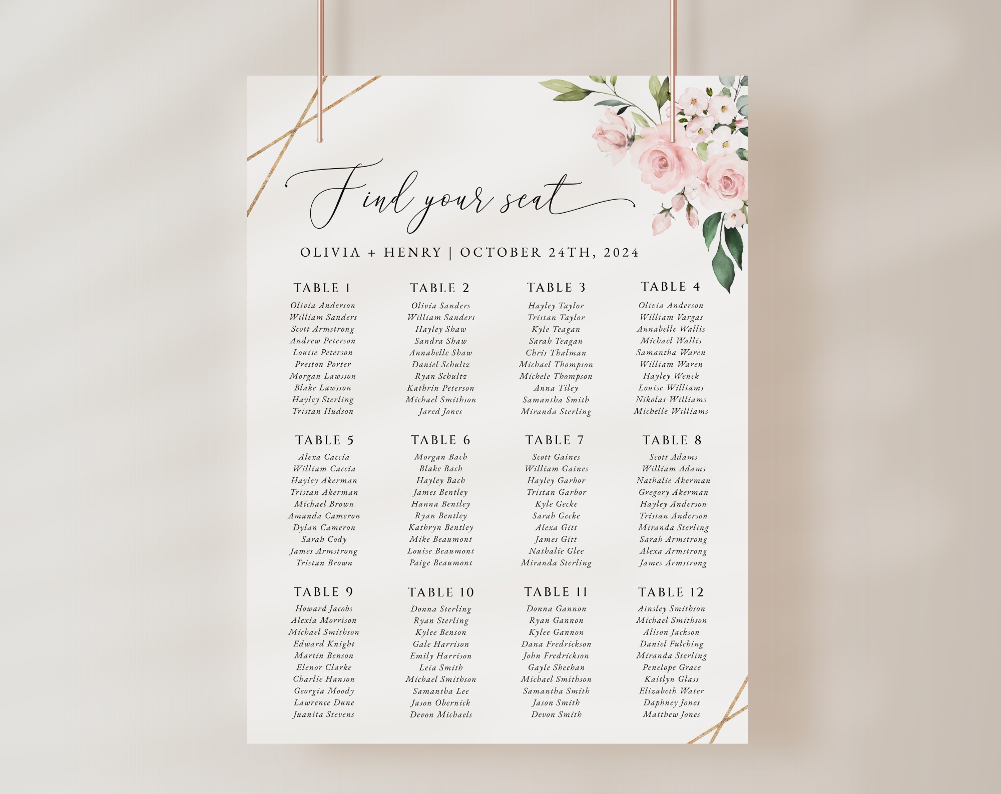 Pink Flowers Seating Chart, Wedding Sign, Printable File, Edit Yourself, SH48