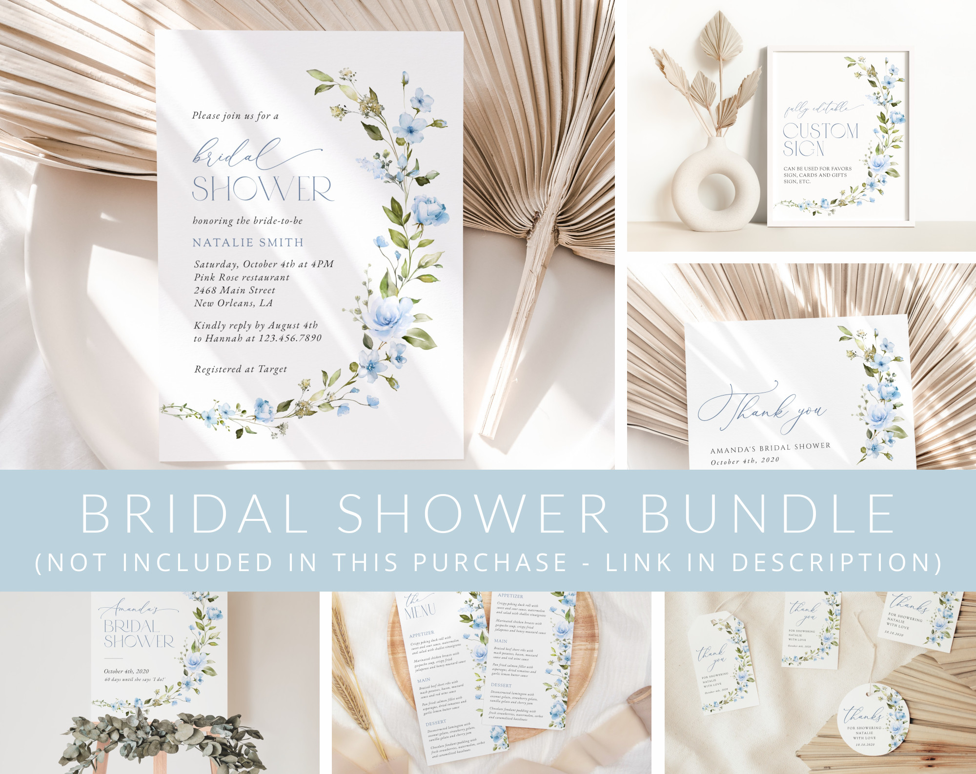 Blue Flowers Bridal Shower Mini Bundle, Printable File, Edit Yourself, SH49