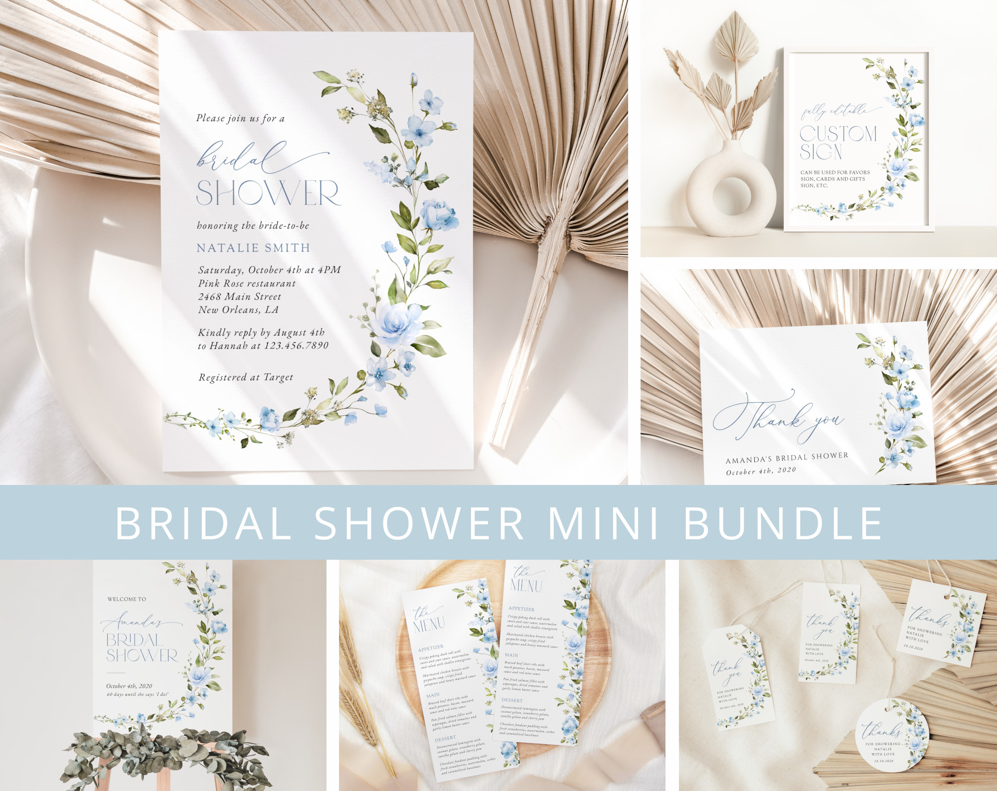 Blue Flowers Bridal Shower Mini Bundle, Printable File, Edit Yourself, SH49