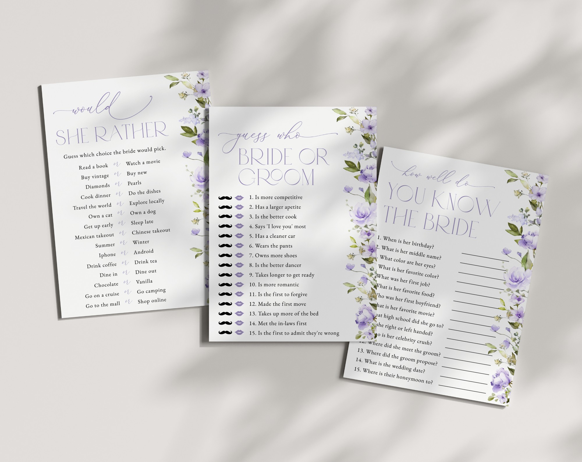 Purple Flowers Bridal Shower Games, Set of 3 Games, Printable File, Edit Yourself, SH50