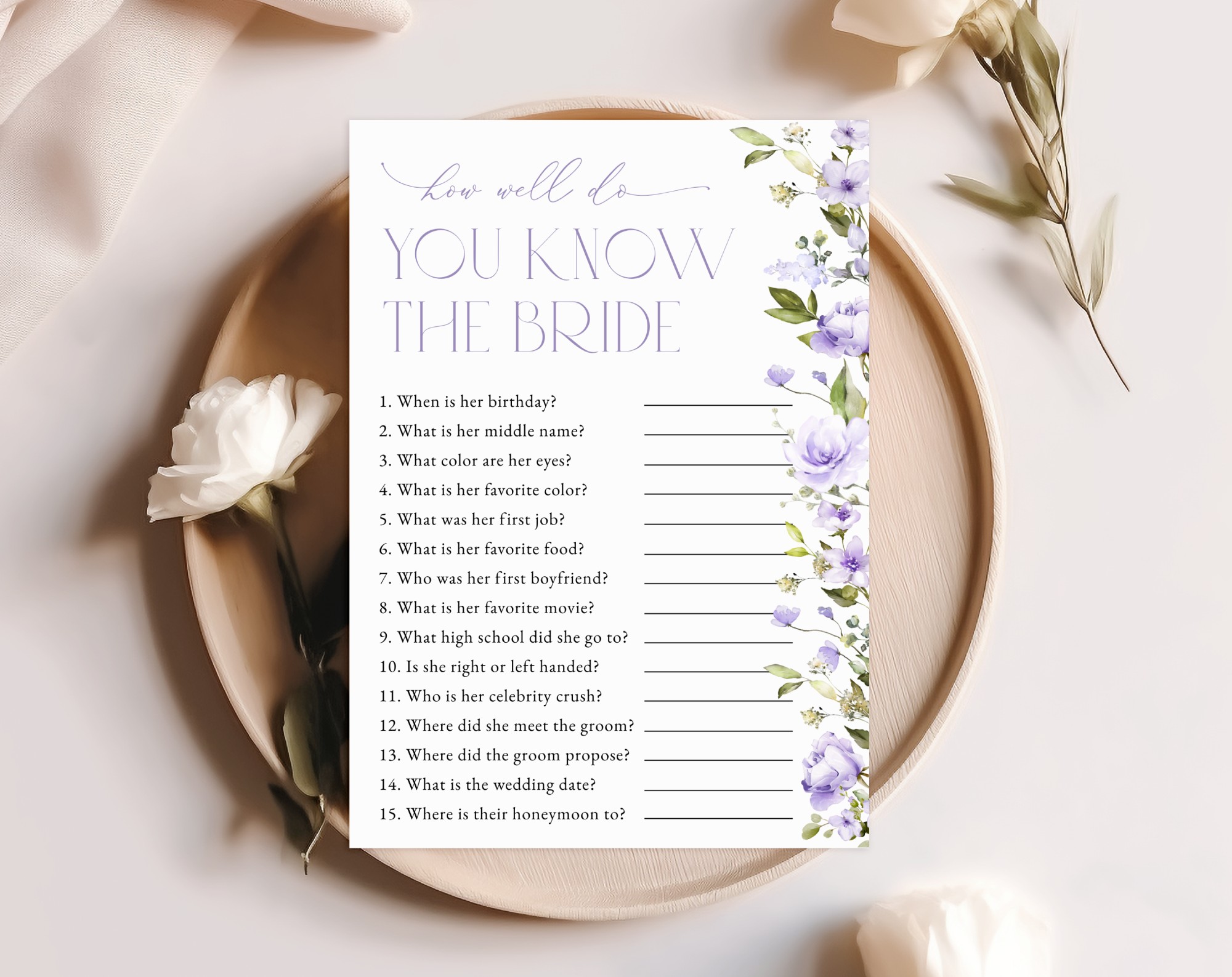 Purple Flowers Bridal Shower Games, Set of 3 Games, Printable File, Edit Yourself, SH50