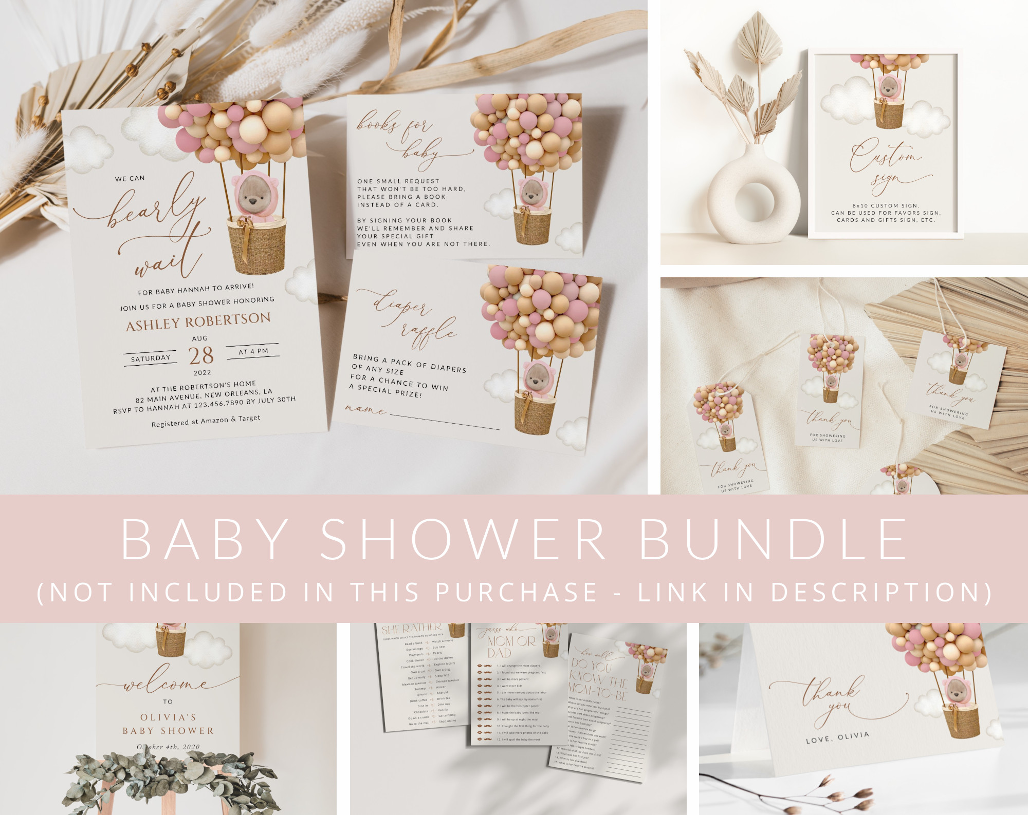 Bear and Pink Balloons Baby Shower Mini Bundle, Girl Baby Shower, Printable File, Edit Yourself, SH51 Bear and Pink Balloons Baby Shower Mini Bundle, Girl Baby Shower, Printable File, Edit Yourself, SH51