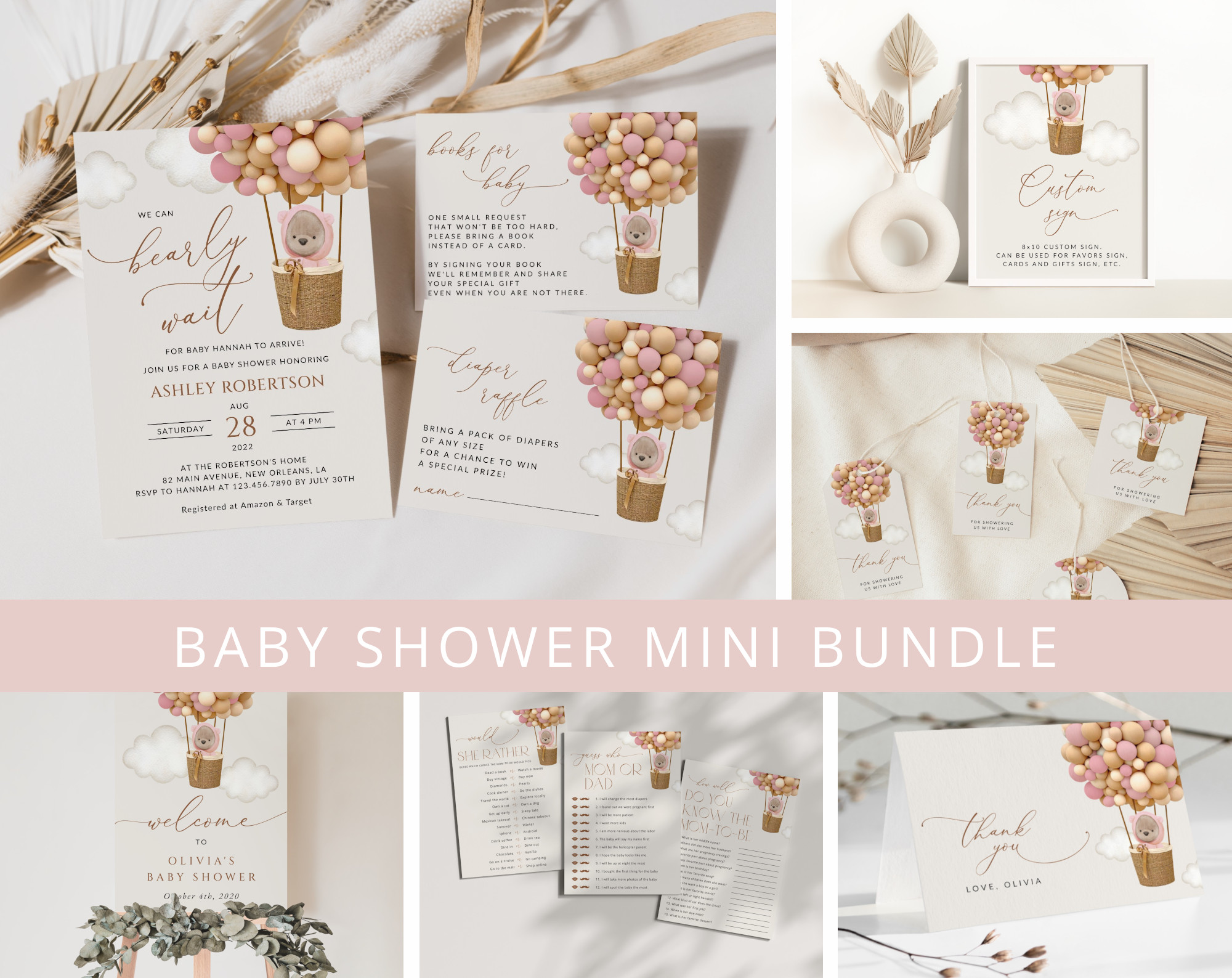 Bear and Pink Balloons Baby Shower Mini Bundle, Girl Baby Shower, Printable File, Edit Yourself, SH51