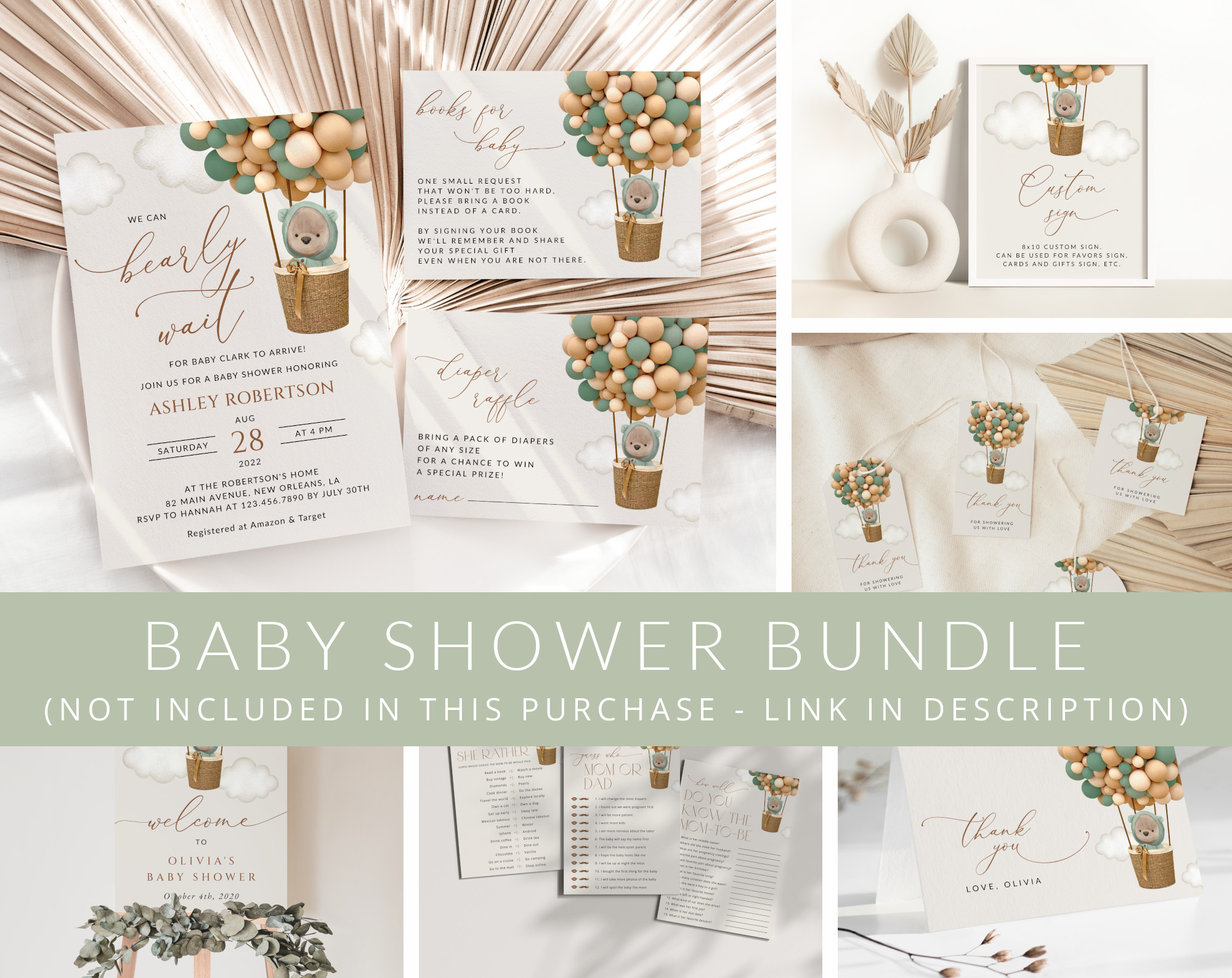 Bear and Green Balloons Baby Shower Mini Bundle, Gender Neutral Baby Shower, Printable File, Edit Yourself, SH52