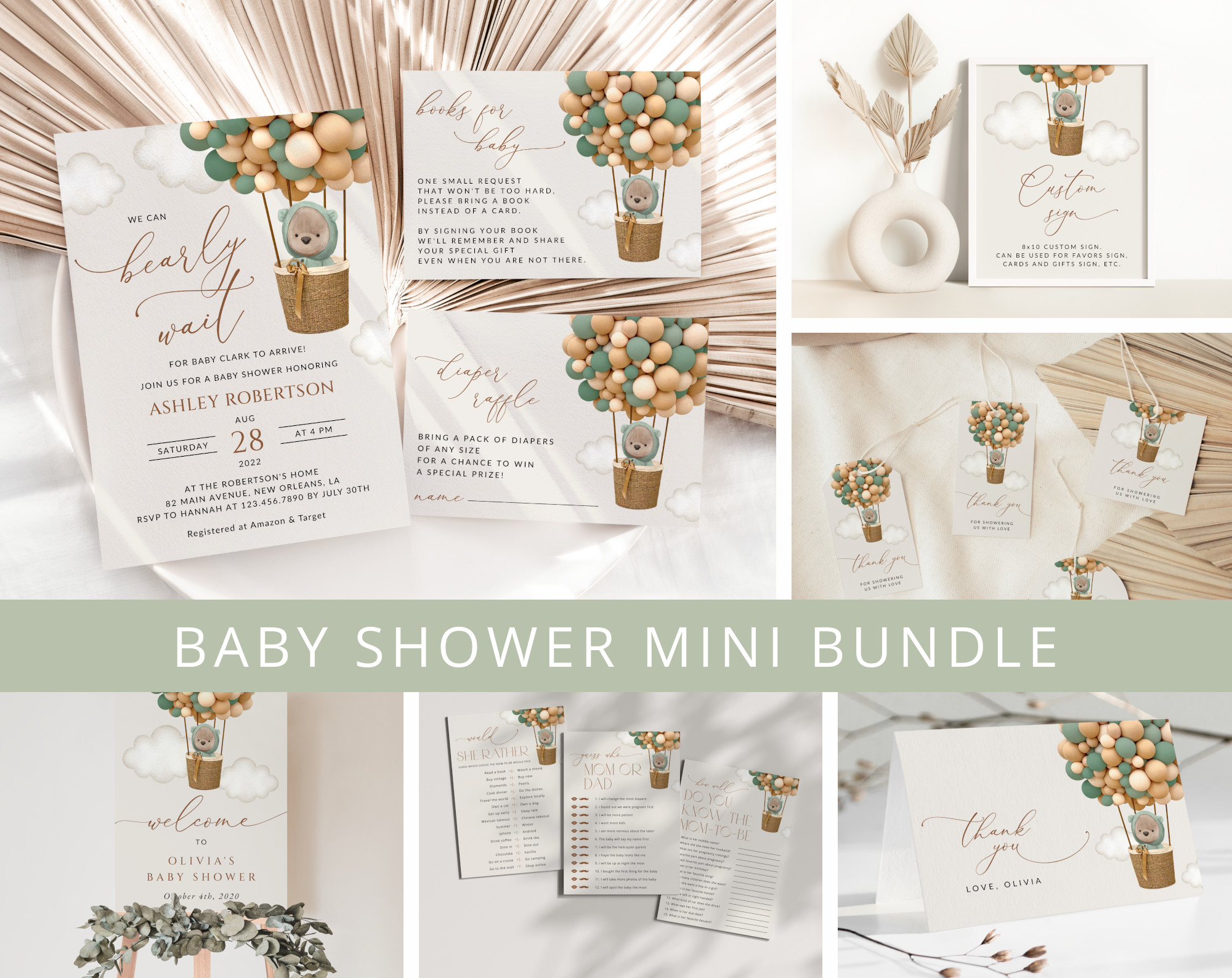 Bear and Green Balloons Baby Shower Mini Bundle, Gender Neutral Baby Shower, Printable File, Edit Yourself, SH52