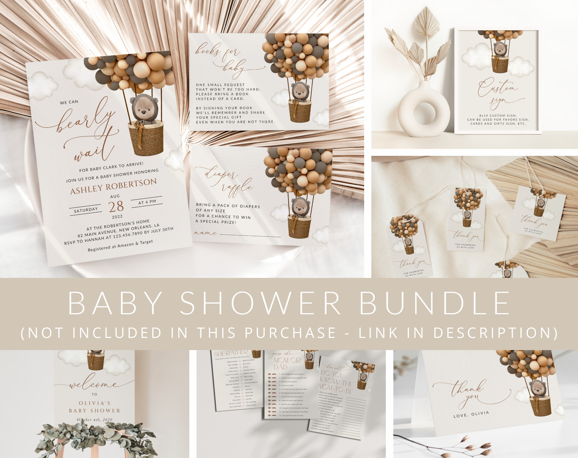 Bear and Brown Balloons Baby Shower Mini Bundle, Gender Neutral Baby Shower, Printable File, Edit Yourself, SH53