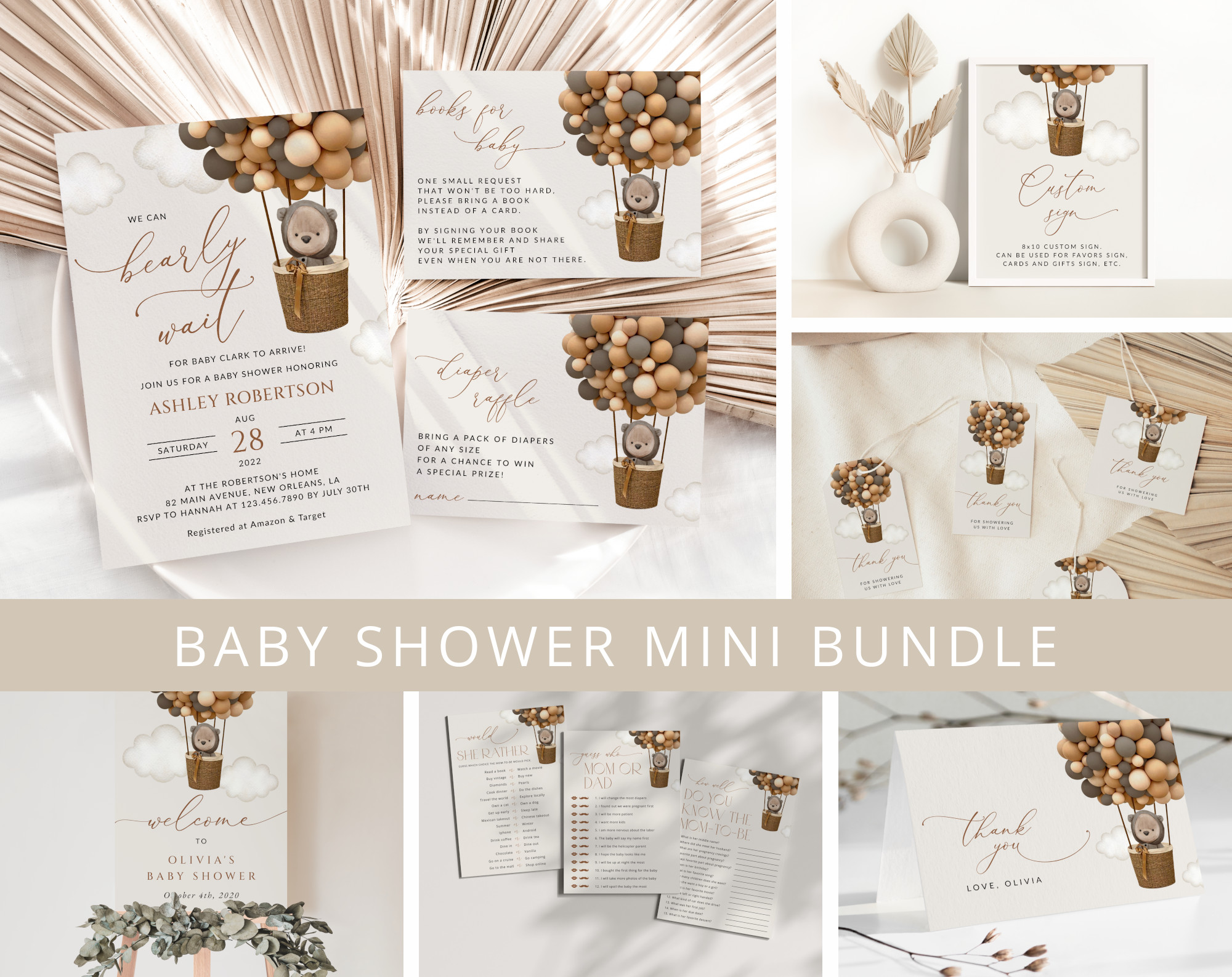 Bear and Brown Balloons Baby Shower Mini Bundle, Gender Neutral Baby Shower, Printable File, Edit Yourself, SH53