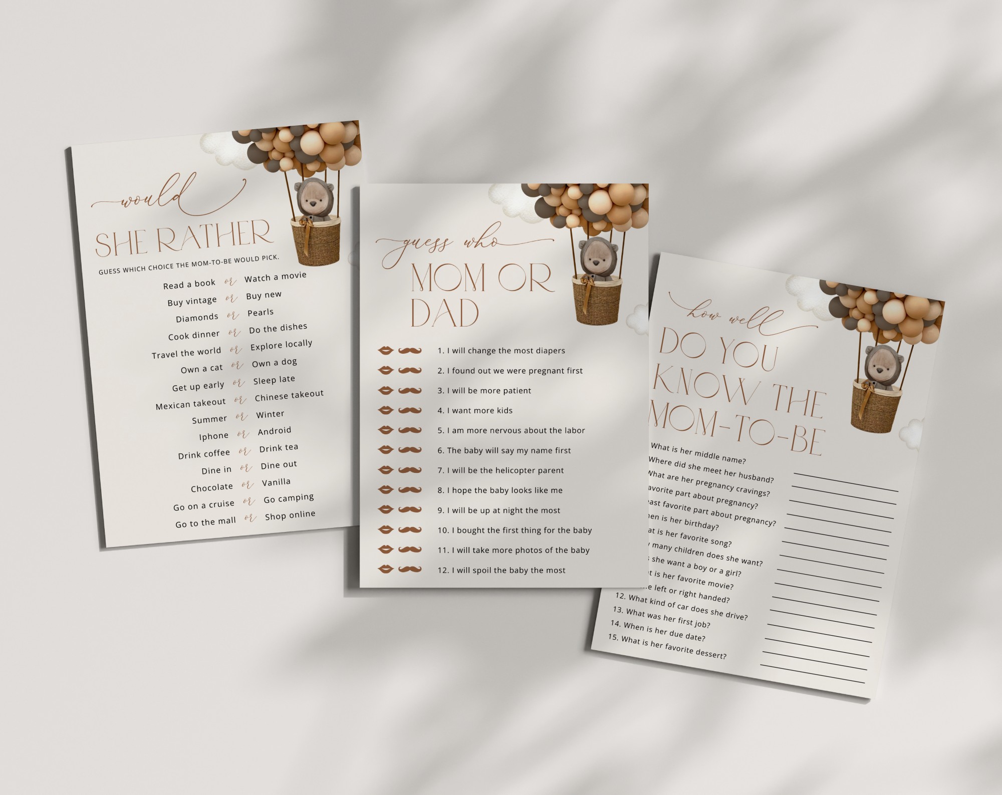 Bear and Brown Balloons Baby Shower Games, Set of 3 Games, Gender Neutral Baby Shower, Printable File, Edit Yourself, SH53 Bear and Brown Balloons Baby Shower Games, Set of 3 Games, Gender Neutral Baby Shower, Printable File, Edit Yourself, SH53