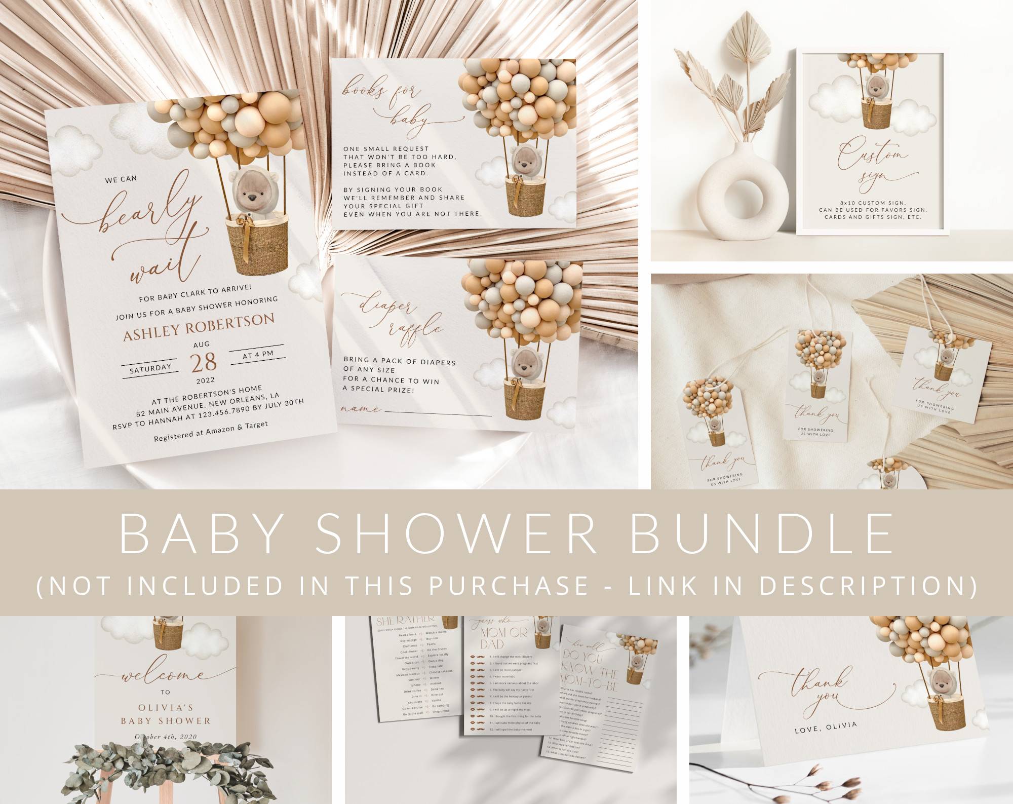 Bear and Beige Balloons Baby Shower Mini Bundle, Gender Neutral Baby Shower, Printable File, Edit Yourself, SH54