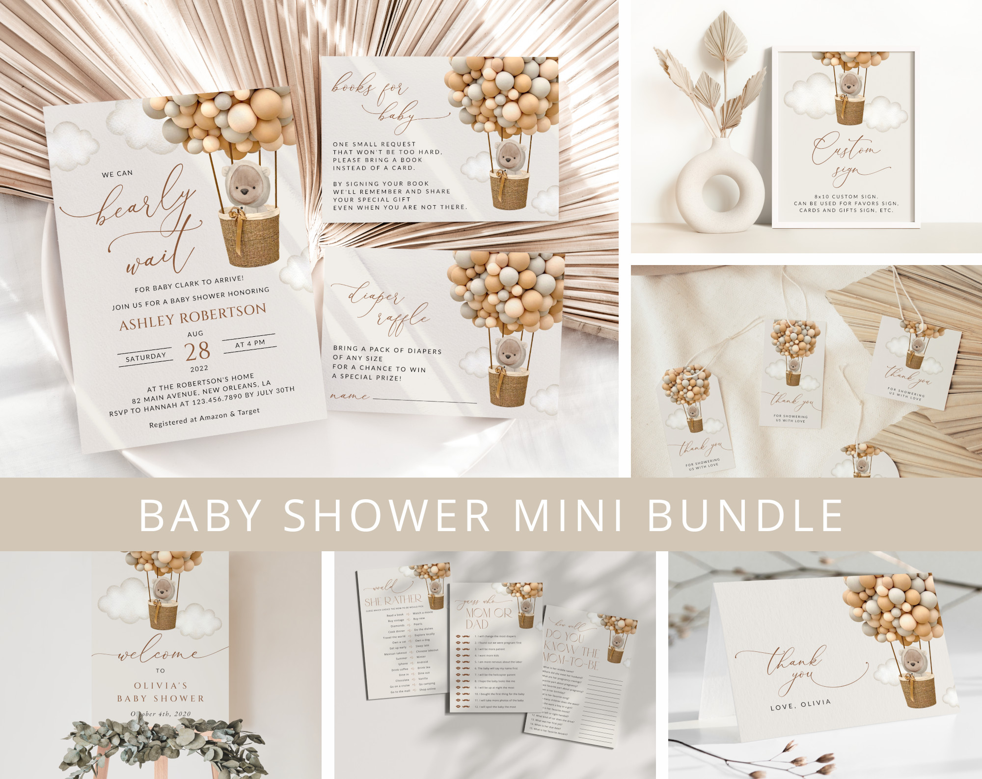 Bear and Beige Balloons Baby Shower Mini Bundle, Gender Neutral Baby Shower, Printable File, Edit Yourself, SH54