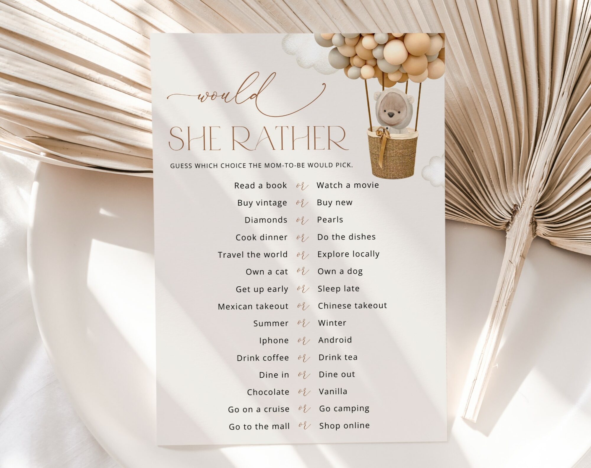 Bear and Beige Balloons Baby Shower Games, Set of 3 Games, Gender Neutral Baby Shower, Printable File, Edit Yourself, SH54