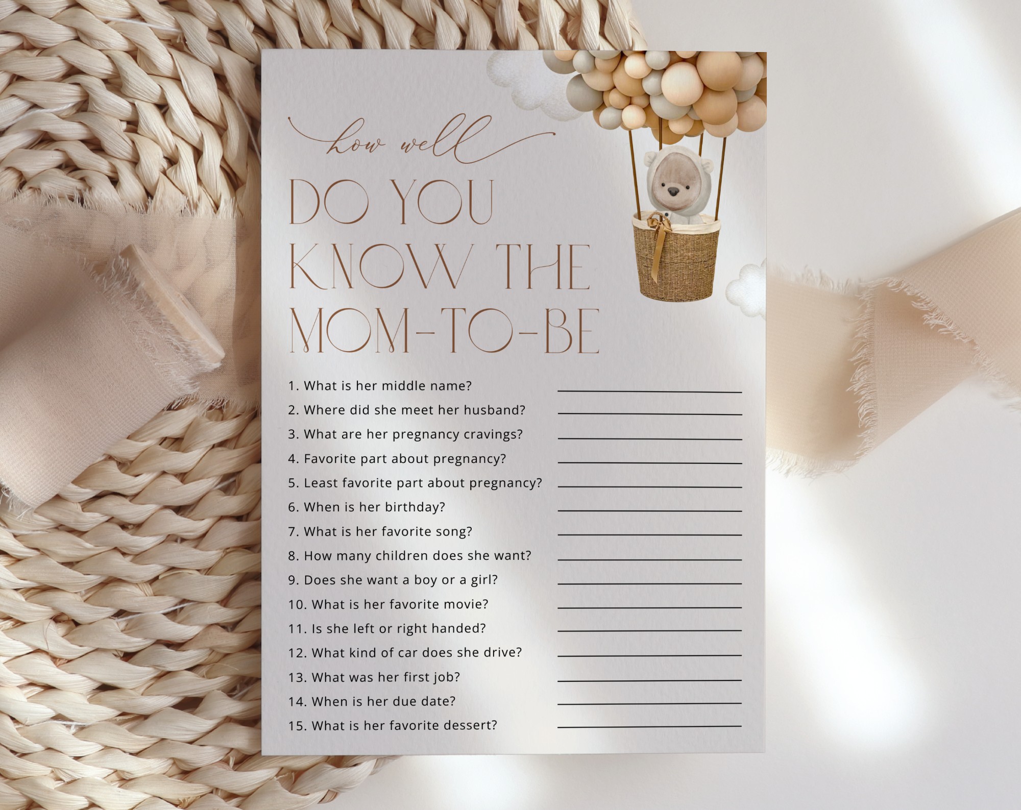 Bear and Beige Balloons Baby Shower Games, Set of 3 Games, Gender Neutral Baby Shower, Printable File, Edit Yourself, SH54