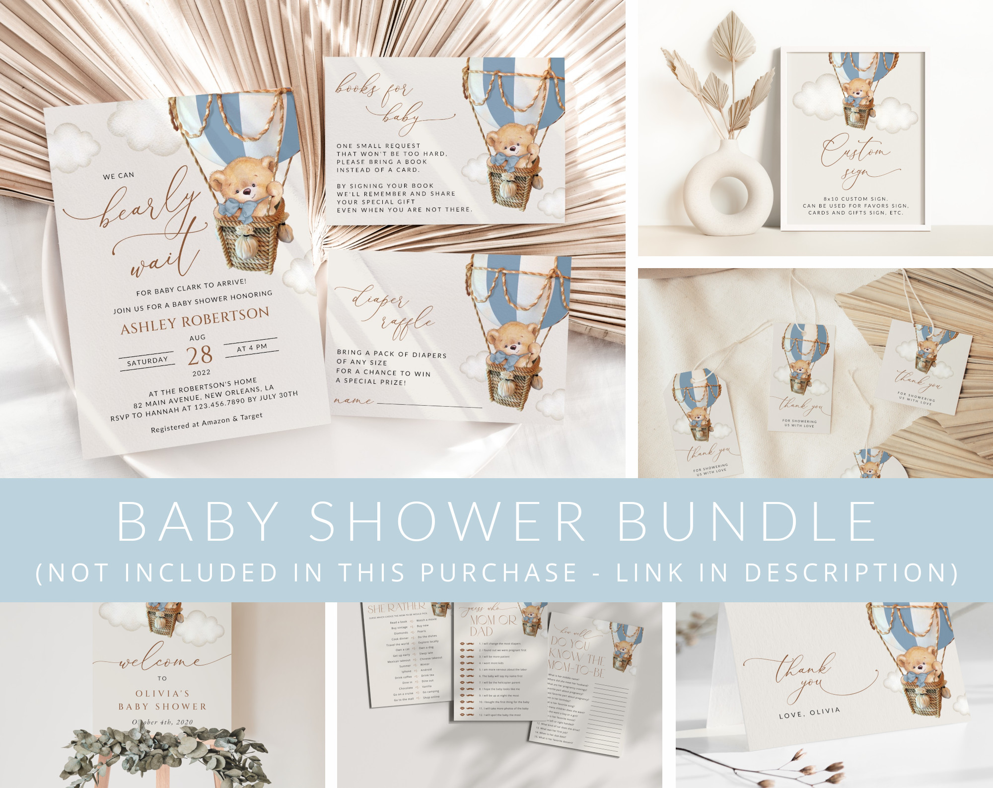 Bear in Blue Balloon Baby Shower Mini Bundle, Boy Baby Shower, Printable File, Edit Yourself, SH55