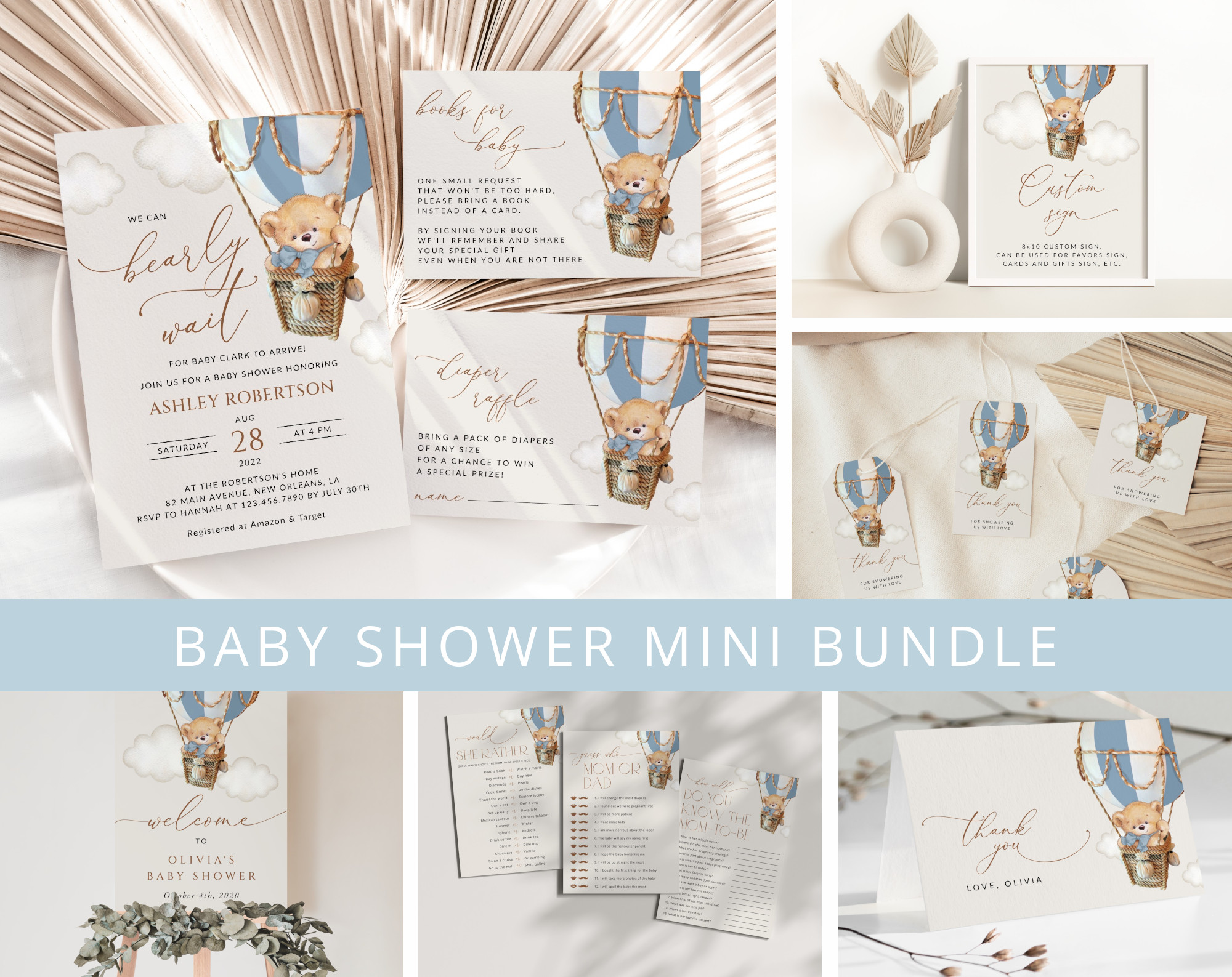 Bear in Blue Balloon Baby Shower Mini Bundle, Boy Baby Shower, Printable File, Edit Yourself, SH55