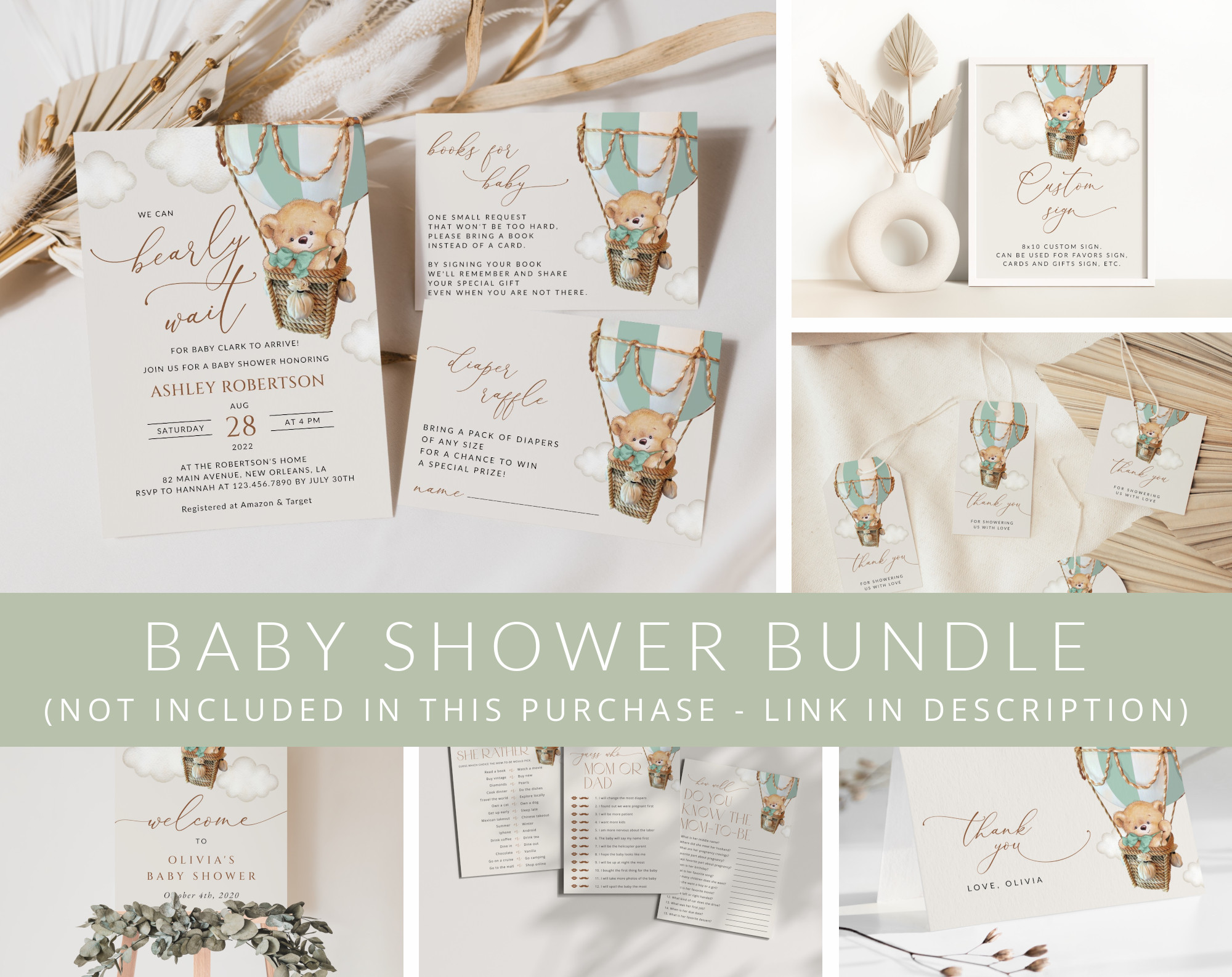 Bear in Green Balloon Baby Shower Mini Bundle, Gender Neutral Baby Shower, Printable File, Edit Yourself, SH57