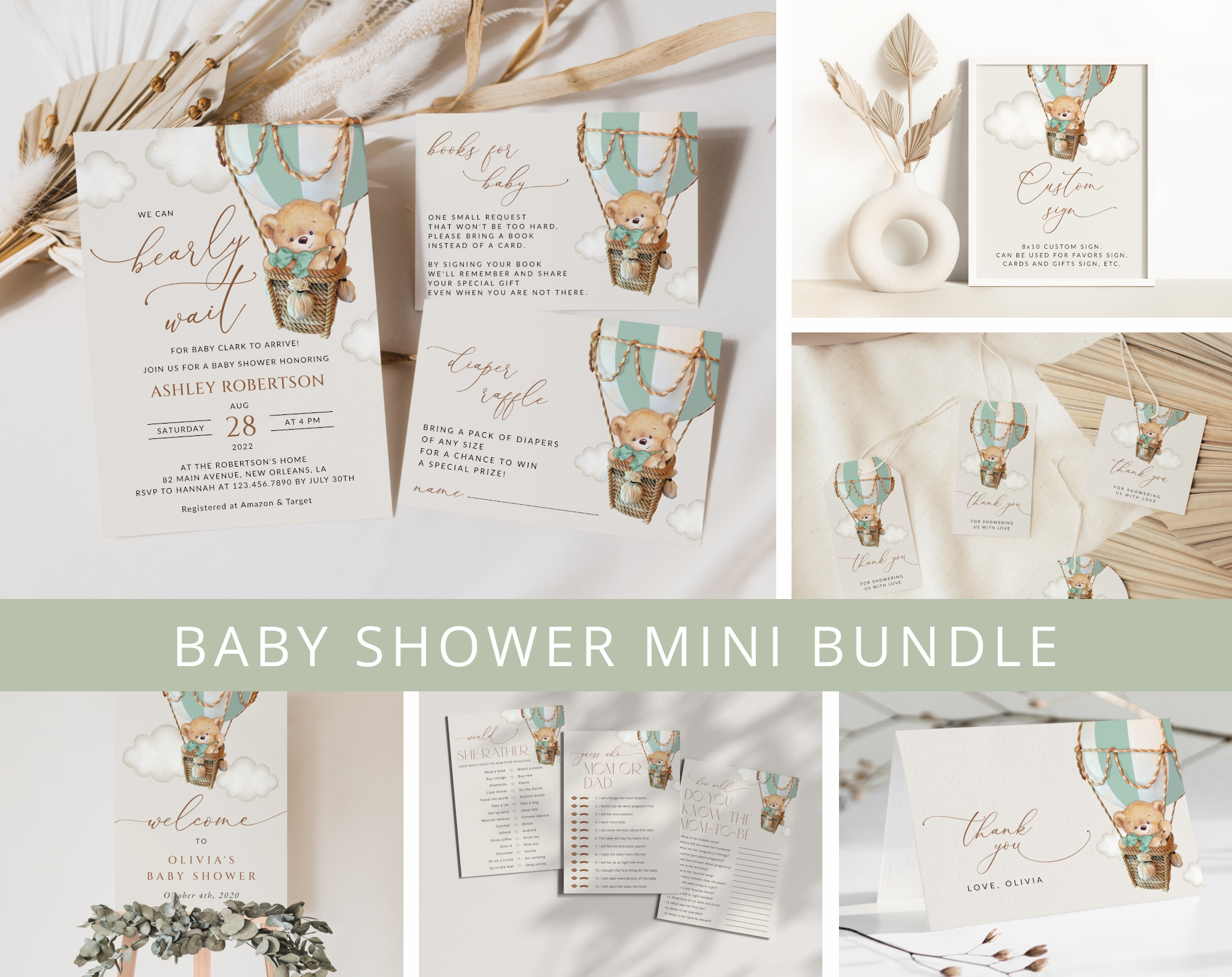 Bear in Green Balloon Baby Shower Mini Bundle, Gender Neutral Baby Shower, Printable File, Edit Yourself, SH57