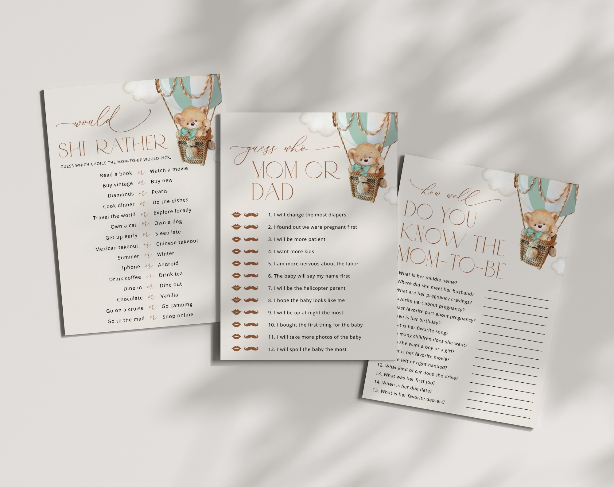 Bear in Green Balloon Baby Shower Games, Set of 3 Games, Gender Neutral Baby Shower, Printable File, Edit Yourself, SH57 Bear in Green Balloon Baby Shower Games, Set of 3 Games, Gender Neutral Baby Shower, Printable File, Edit Yourself, SH57