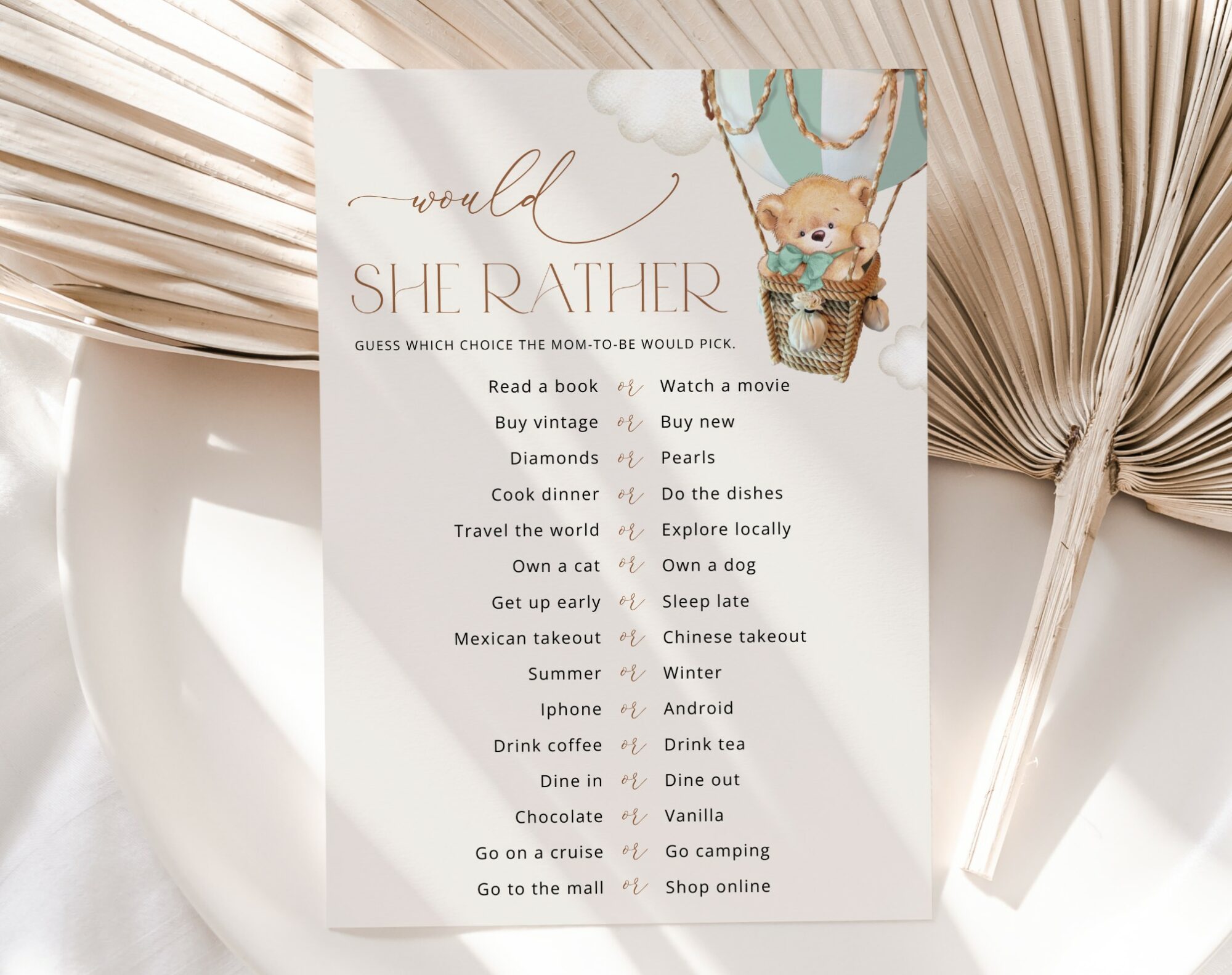 Bear in Green Balloon Baby Shower Games, Set of 3 Games, Gender Neutral Baby Shower, Printable File, Edit Yourself, SH57