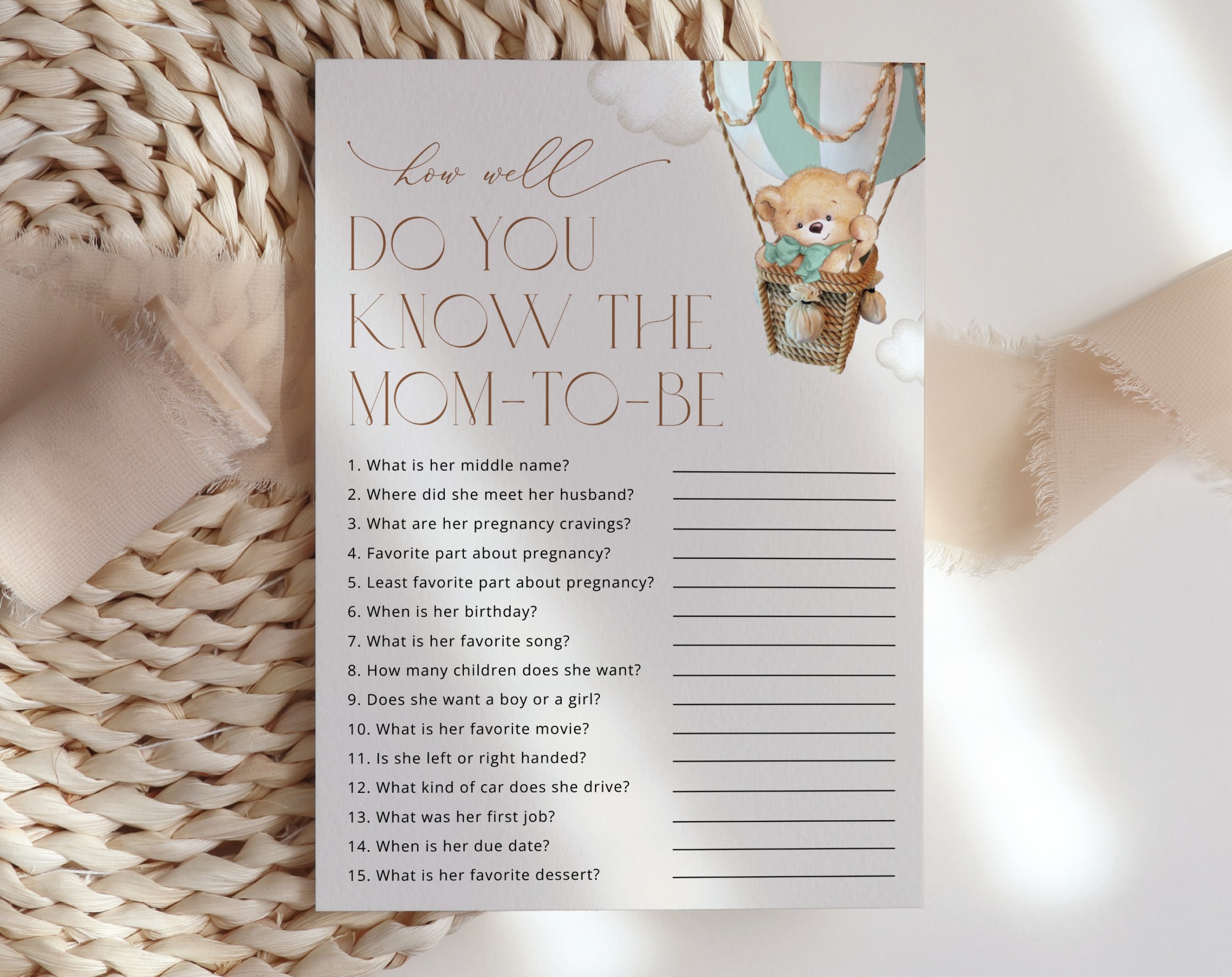 Bear in Green Balloon Baby Shower Games, Set of 3 Games, Gender Neutral Baby Shower, Printable File, Edit Yourself, SH57