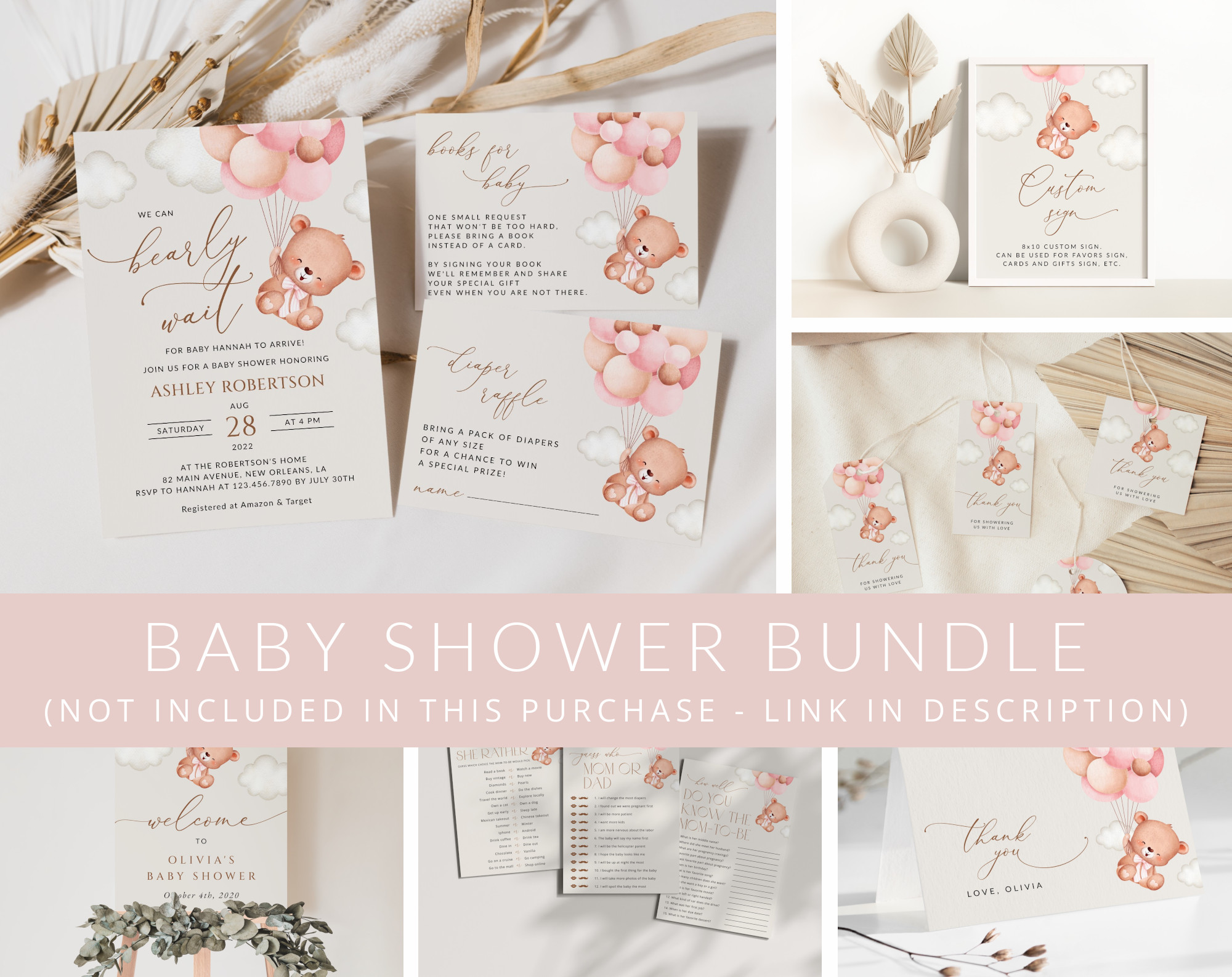 Baby Bear with Pink Balloons Baby Shower Mini Bundle, Girl Baby Shower, Printable File, Edit Yourself, SH58