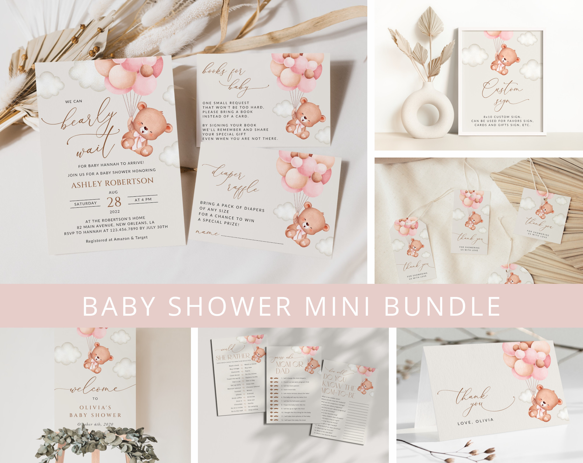 Baby Bear with Pink Balloons Baby Shower Mini Bundle, Girl Baby Shower, Printable File, Edit Yourself, SH58