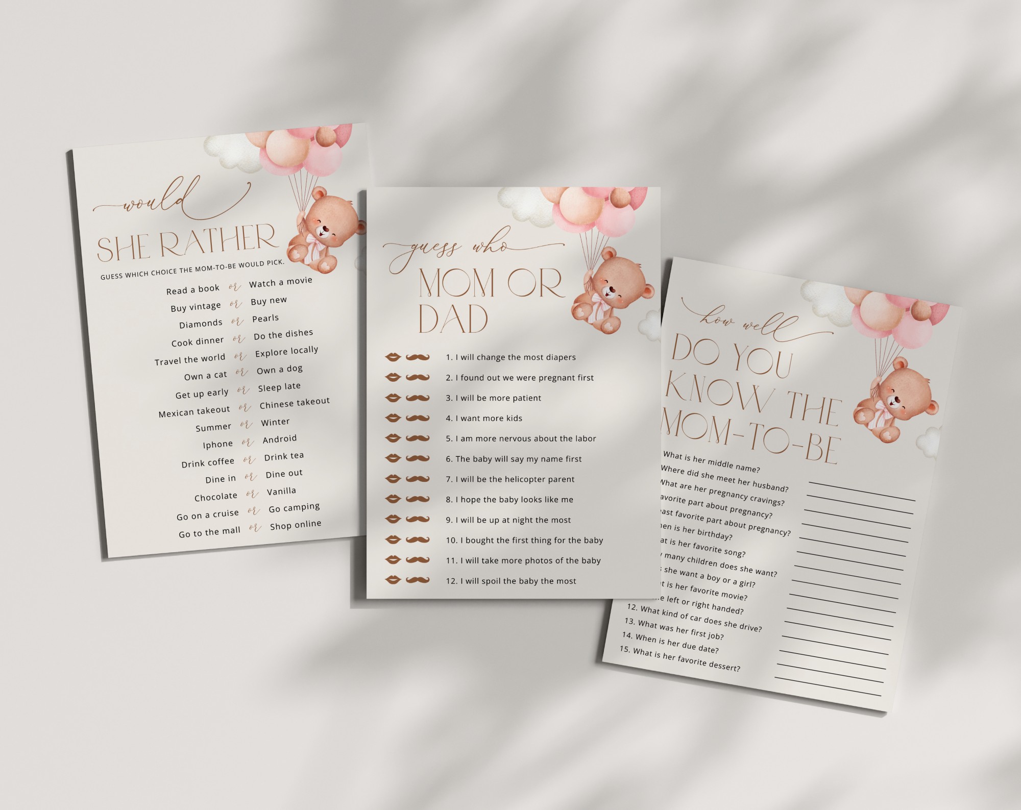 Baby Bear with Pink Balloons Baby Shower Games, Set of 3 Games, Girl Baby Shower, Printable File, Edit Yourself, SH58 Baby Bear with Pink Balloons Baby Shower Games, Set of 3 Games, Girl Baby Shower, Printable File, Edit Yourself, SH58