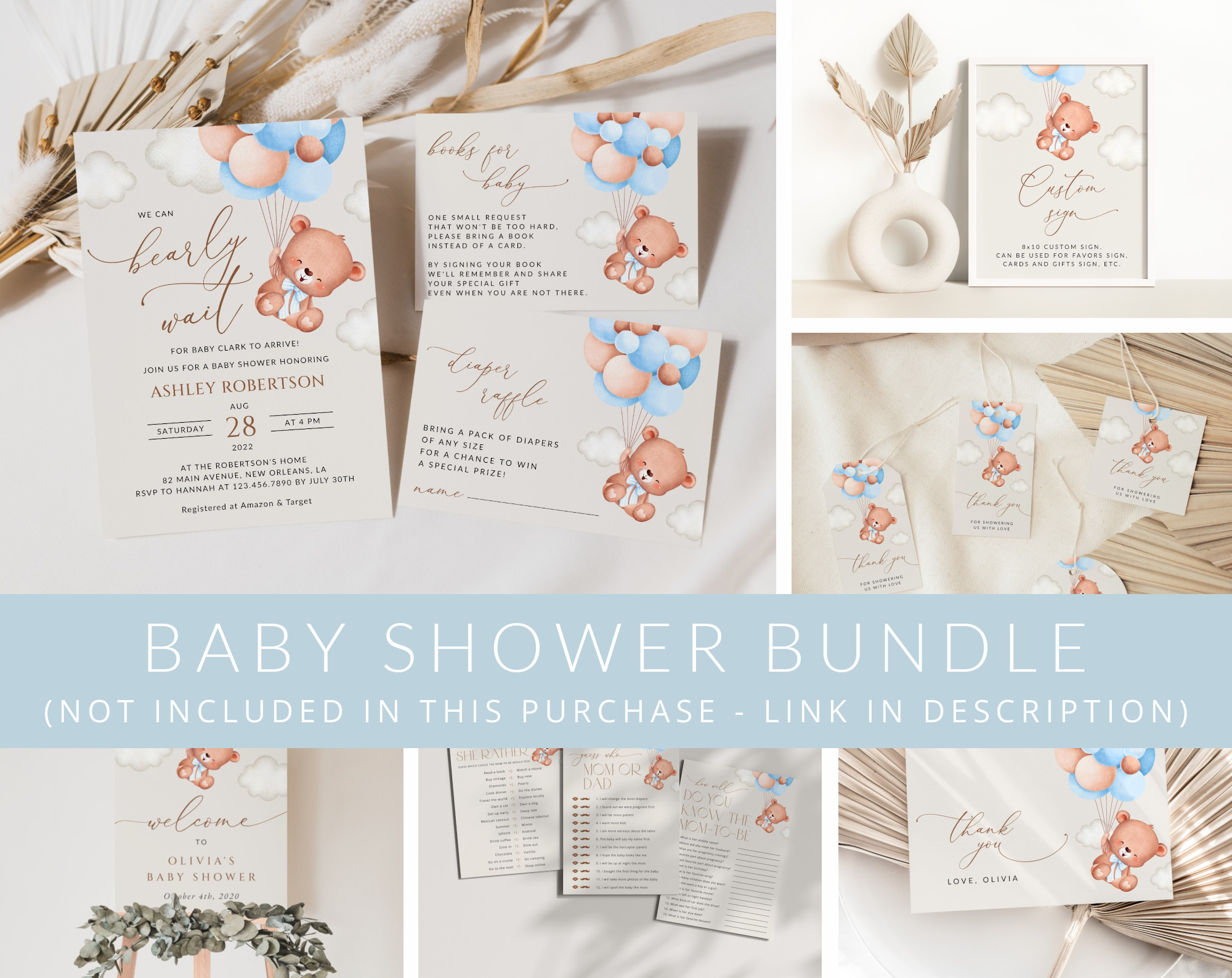 Baby Bear with Blue Balloons Baby Shower Mini Bundle, Boy Baby Shower, Printable File, Edit Yourself, SH59