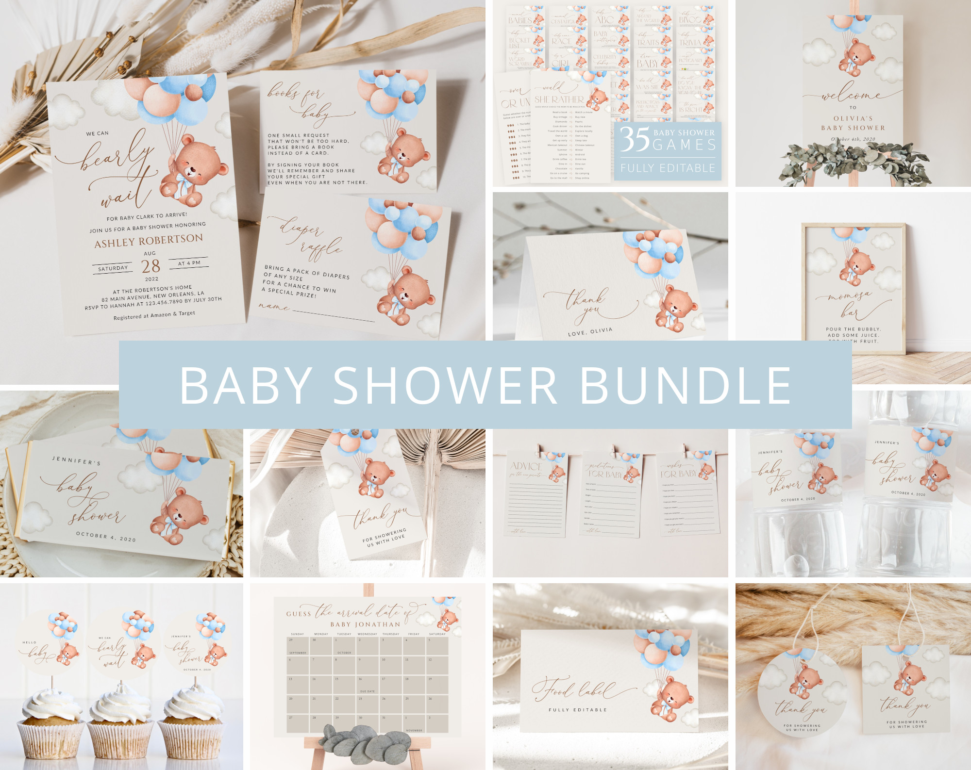 Baby Bear with Blue Balloons Baby Shower Bundle, Boy Baby Shower, Printable File, Edit Yourself, SH59