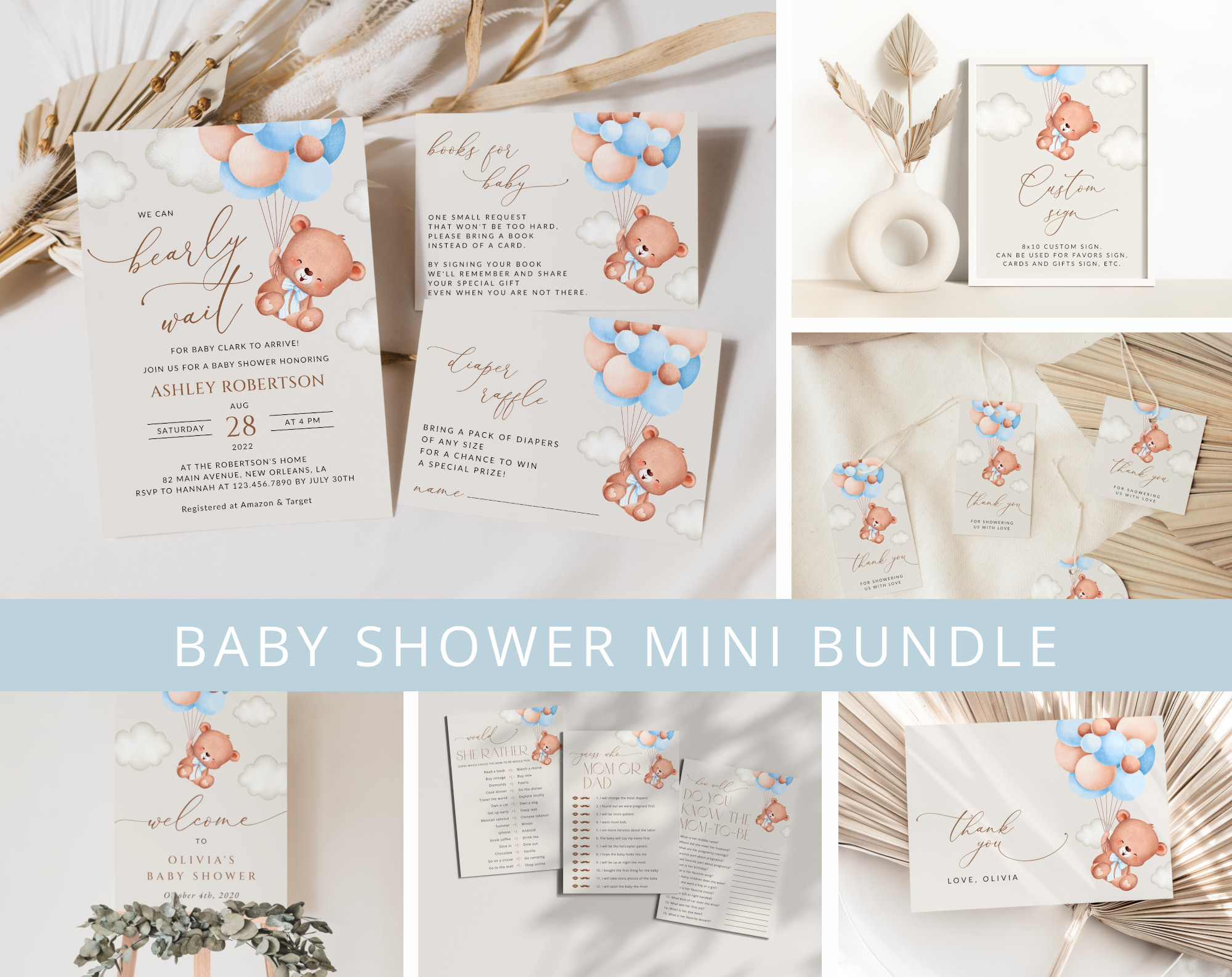 Baby Bear with Blue Balloons Baby Shower Mini Bundle, Boy Baby Shower, Printable File, Edit Yourself, SH59