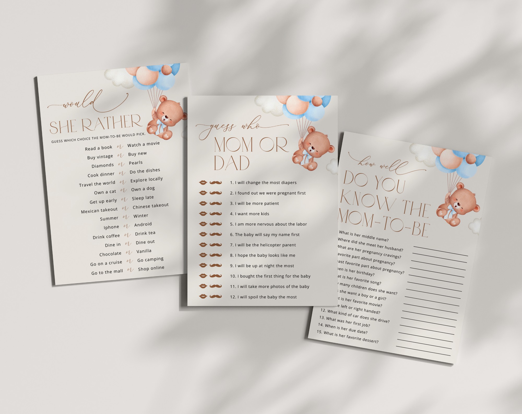 Baby Bear with Blue Balloons Baby Shower Games, Set of 3 Games, Boy Baby Shower, Printable File, Edit Yourself, SH59