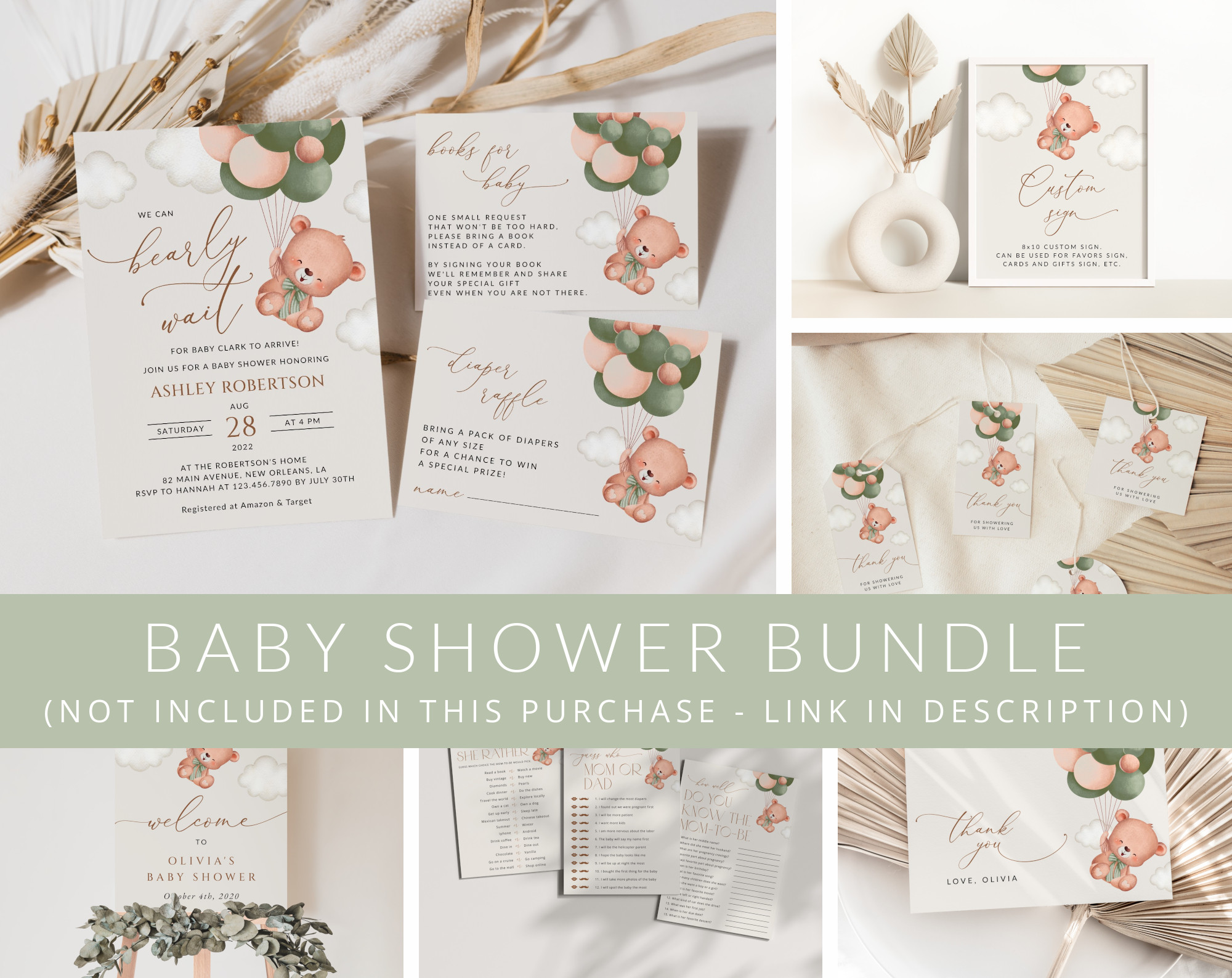 Baby Bear with Green Balloons Baby Shower Mini Bundle, Gender Neutral Baby Shower, Printable File, Edit Yourself, SH60 Baby Bear with Green Balloons Baby Shower Mini Bundle, Gender Neutral Baby Shower, Printable File, Edit Yourself, SH60