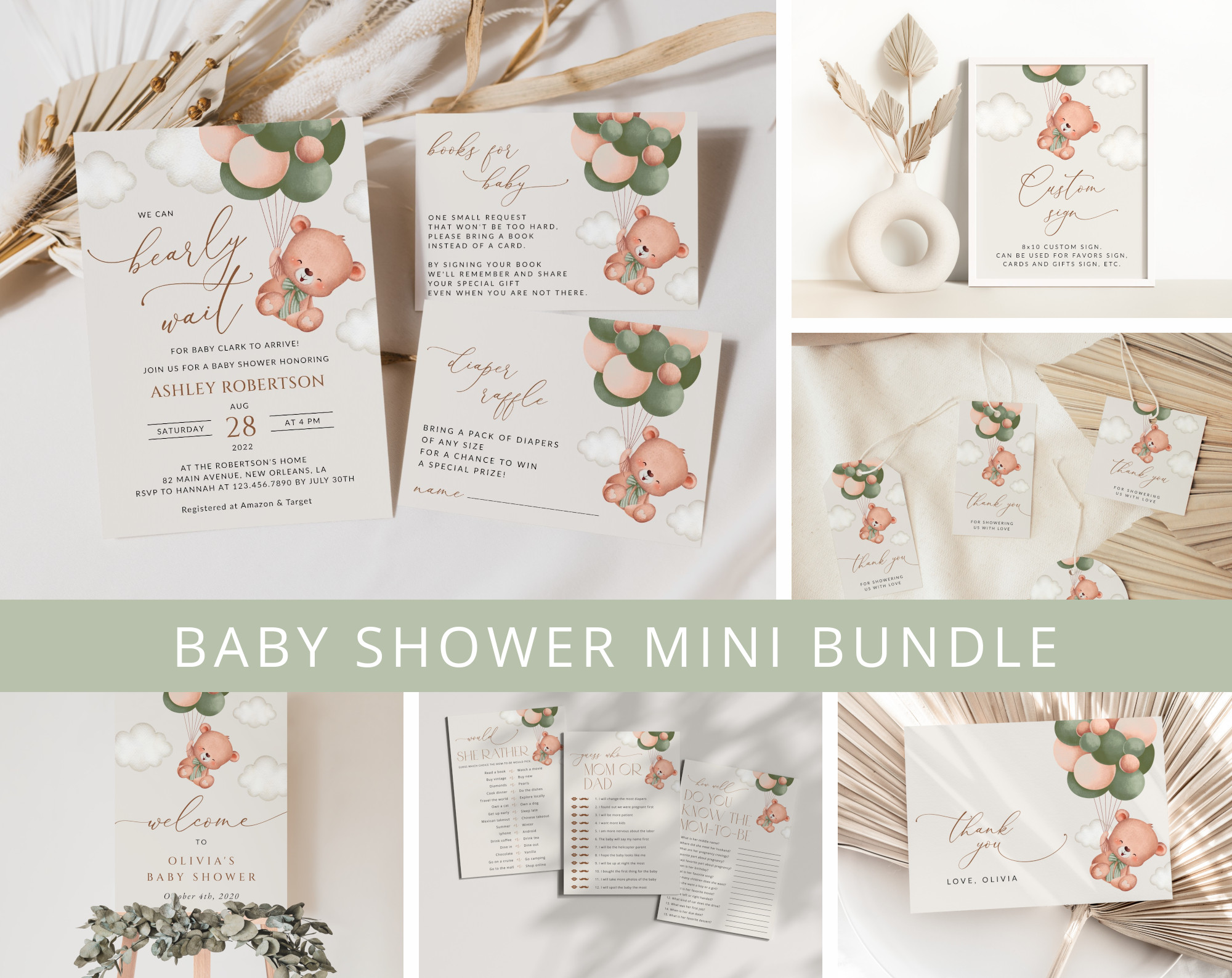 Baby Bear with Green Balloons Baby Shower Mini Bundle, Gender Neutral Baby Shower, Printable File, Edit Yourself, SH60