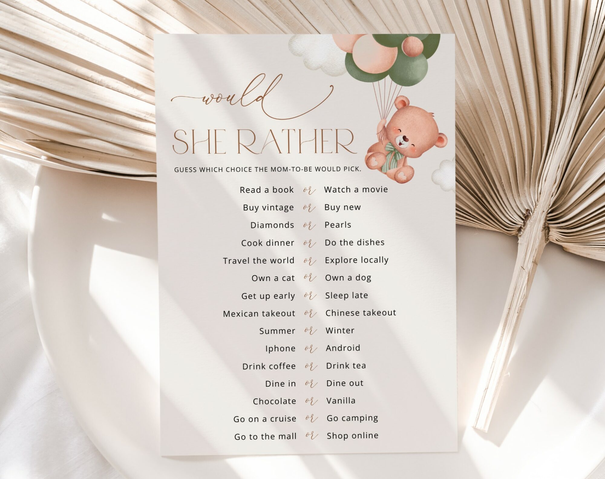 Baby Bear with Green Balloons Baby Shower Games, Set of 3 Games, Gender Neutral Baby Shower, Printable File, Edit Yourself, SH60