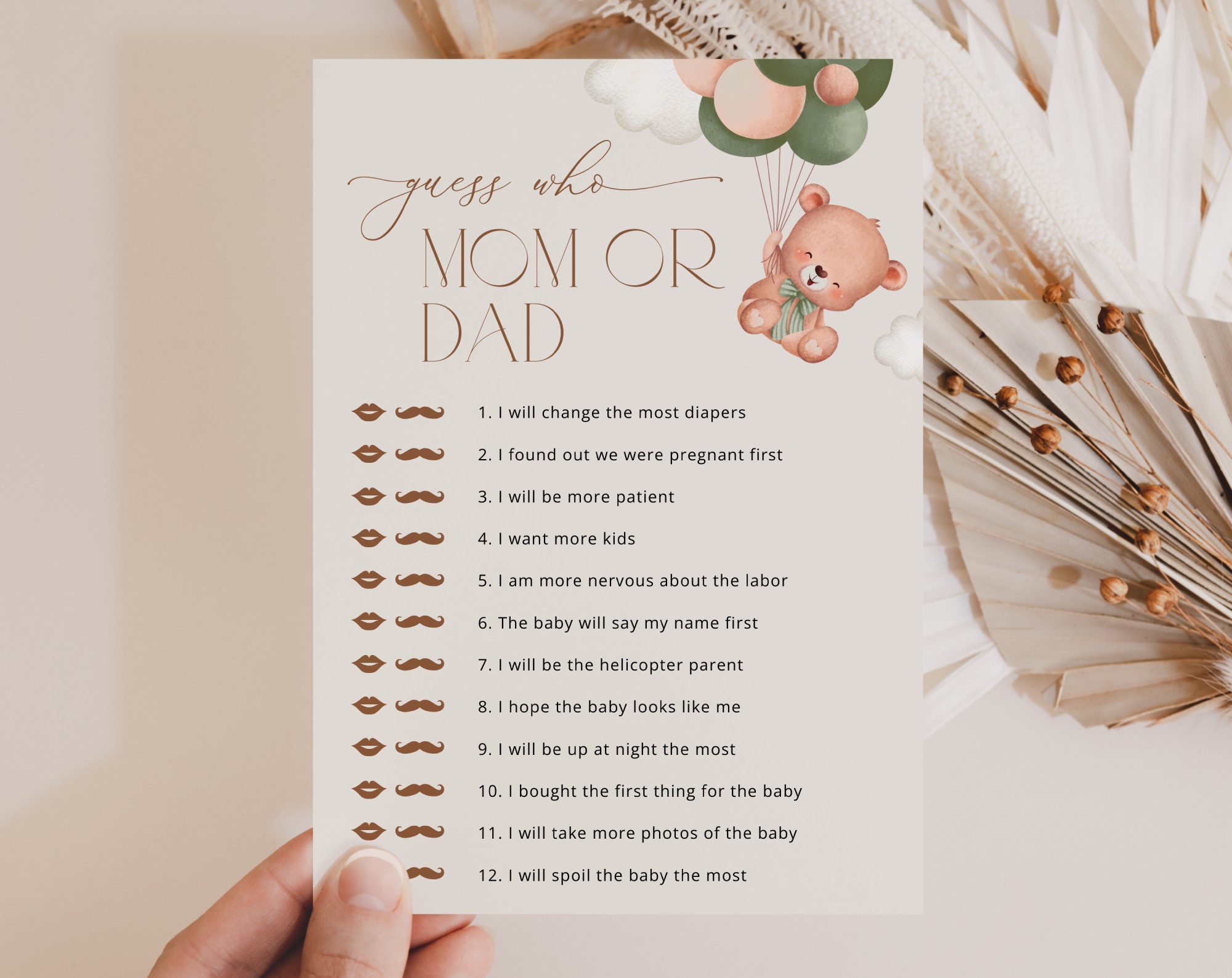 Baby Bear with Green Balloons Baby Shower Games, Set of 3 Games, Gender Neutral Baby Shower, Printable File, Edit Yourself, SH60