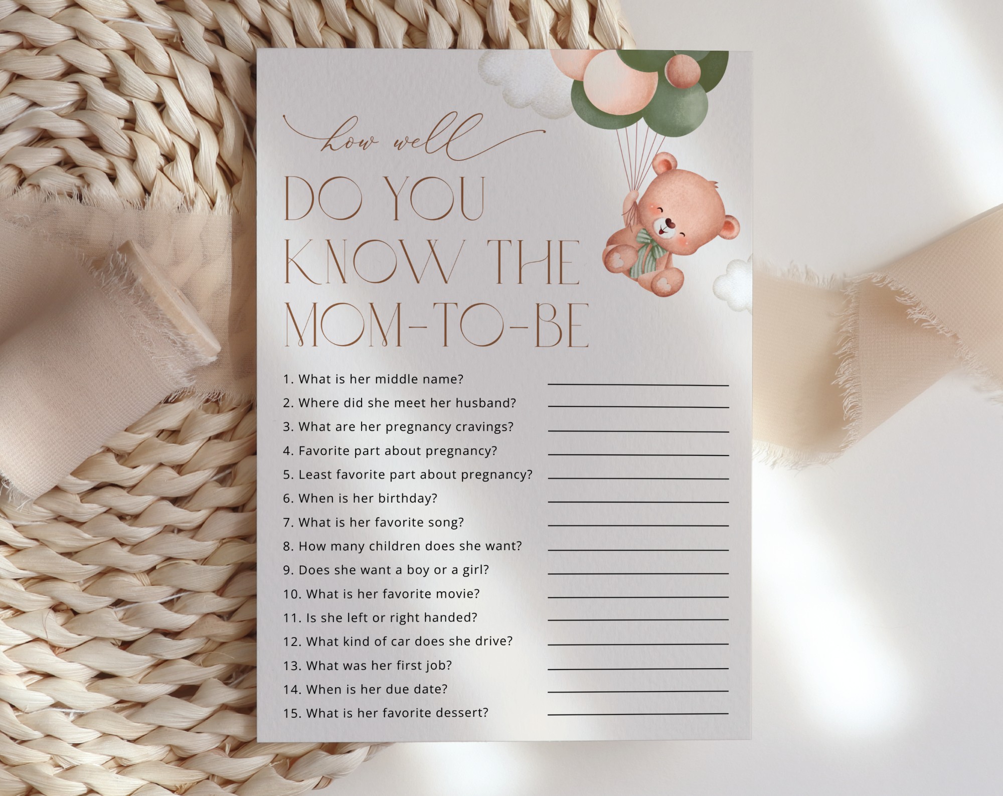 Baby Bear with Green Balloons Baby Shower Games, Set of 3 Games, Gender Neutral Baby Shower, Printable File, Edit Yourself, SH60