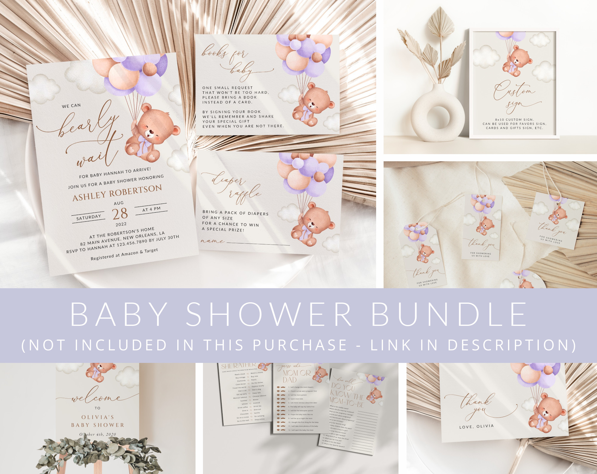 Baby Bear with Purple Balloons Baby Shower Mini Bundle, Girl Baby Shower, Printable File, Edit Yourself, SH61