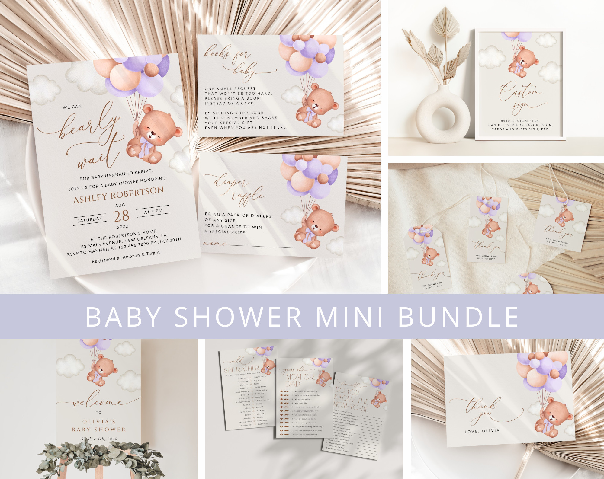 Baby Bear with Purple Balloons Baby Shower Mini Bundle, Girl Baby Shower, Printable File, Edit Yourself, SH61