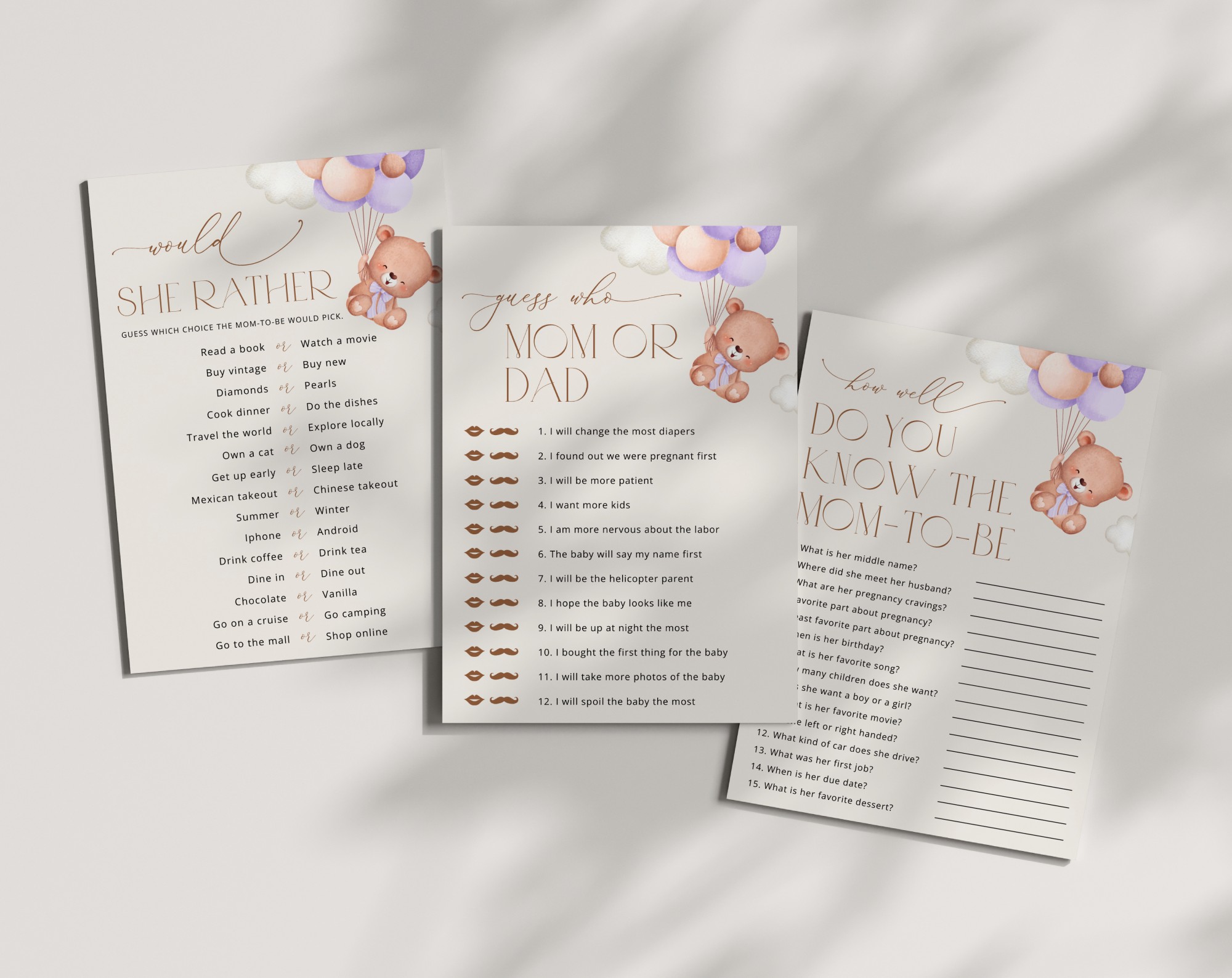 Baby Bear with Purple Balloons Baby Shower Games, Set of 3 Games, Girl Baby Shower, Printable File, Edit Yourself, SH61 Baby Bear with Purple Balloons Baby Shower Games, Set of 3 Games, Girl Baby Shower, Printable File, Edit Yourself, SH61