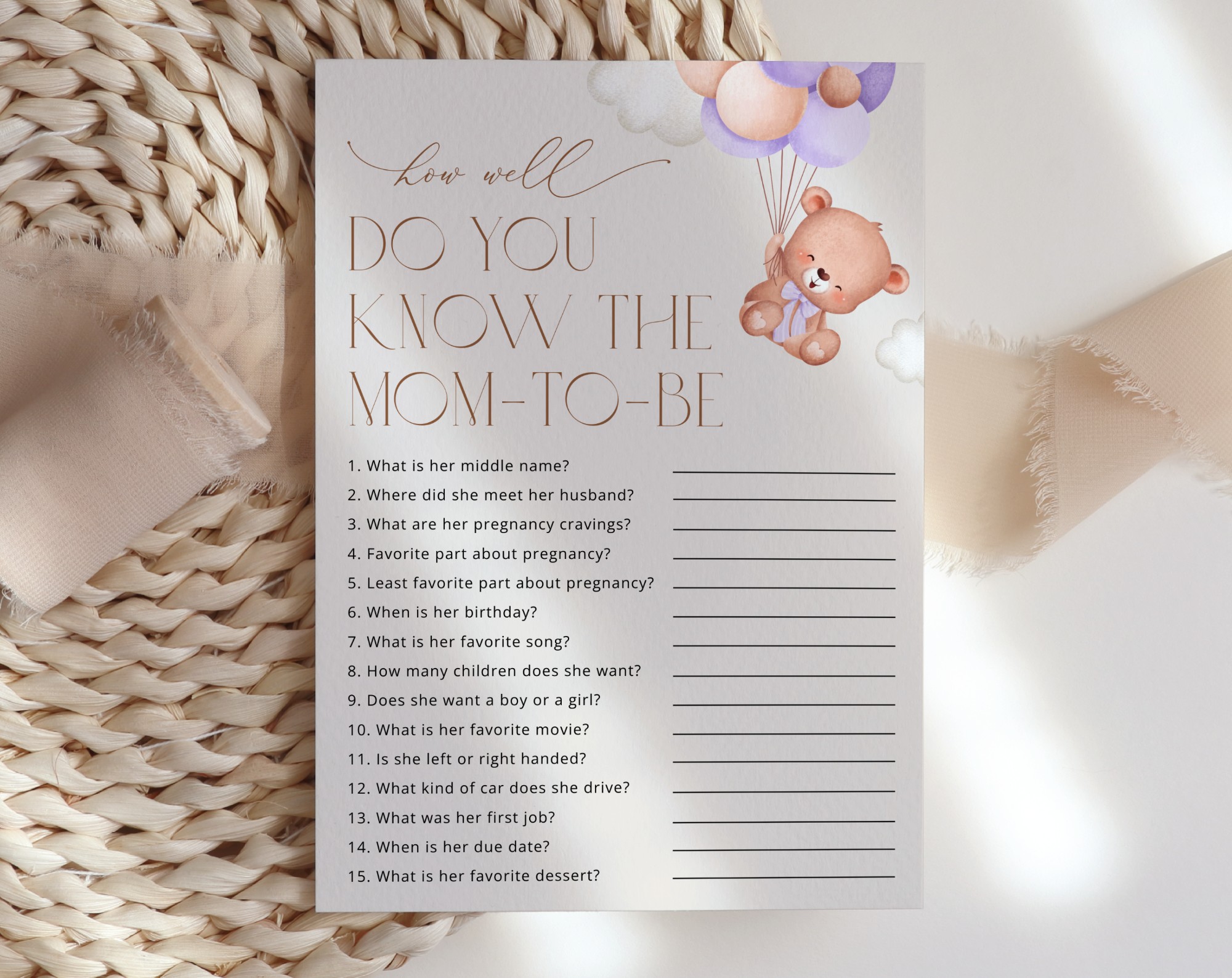 Baby Bear with Purple Balloons Baby Shower Games, Set of 3 Games, Girl Baby Shower, Printable File, Edit Yourself, SH61