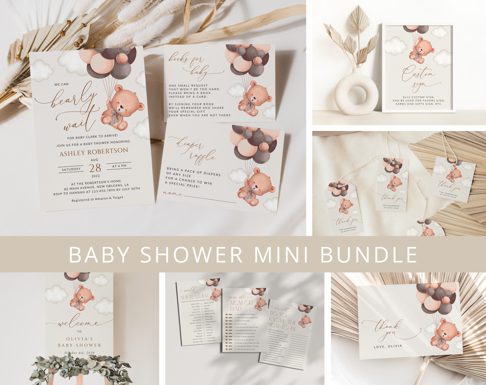 Baby Bear with Brown Balloons Baby Shower Mini Bundle, Gender Neutral Baby Shower, Printable File, Edit Yourself, SH62