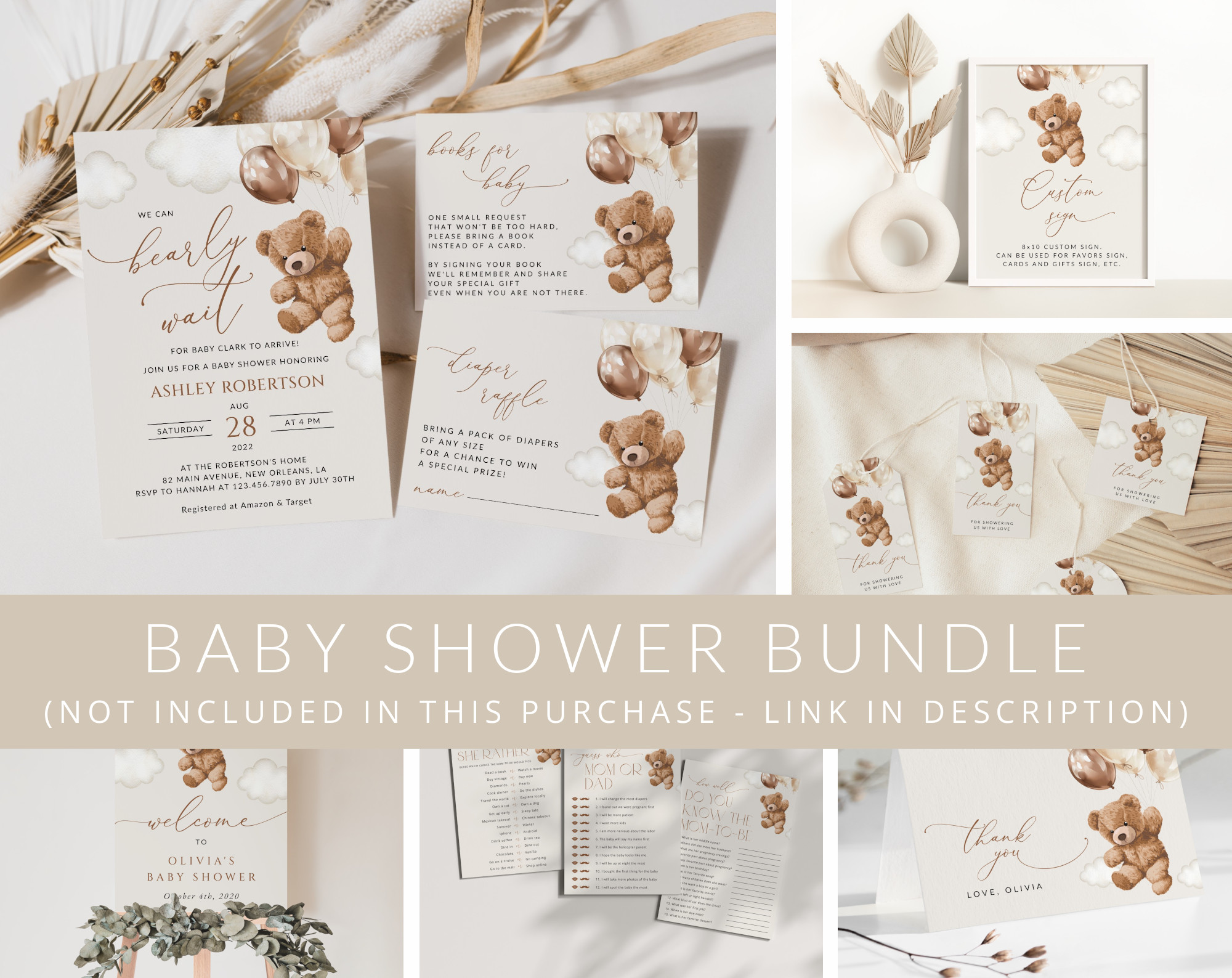 Teddy Bear with Brown Balloons Baby Shower Mini Bundle, Gender Neutral Baby Shower, Printable File, Edit Yourself, SH64