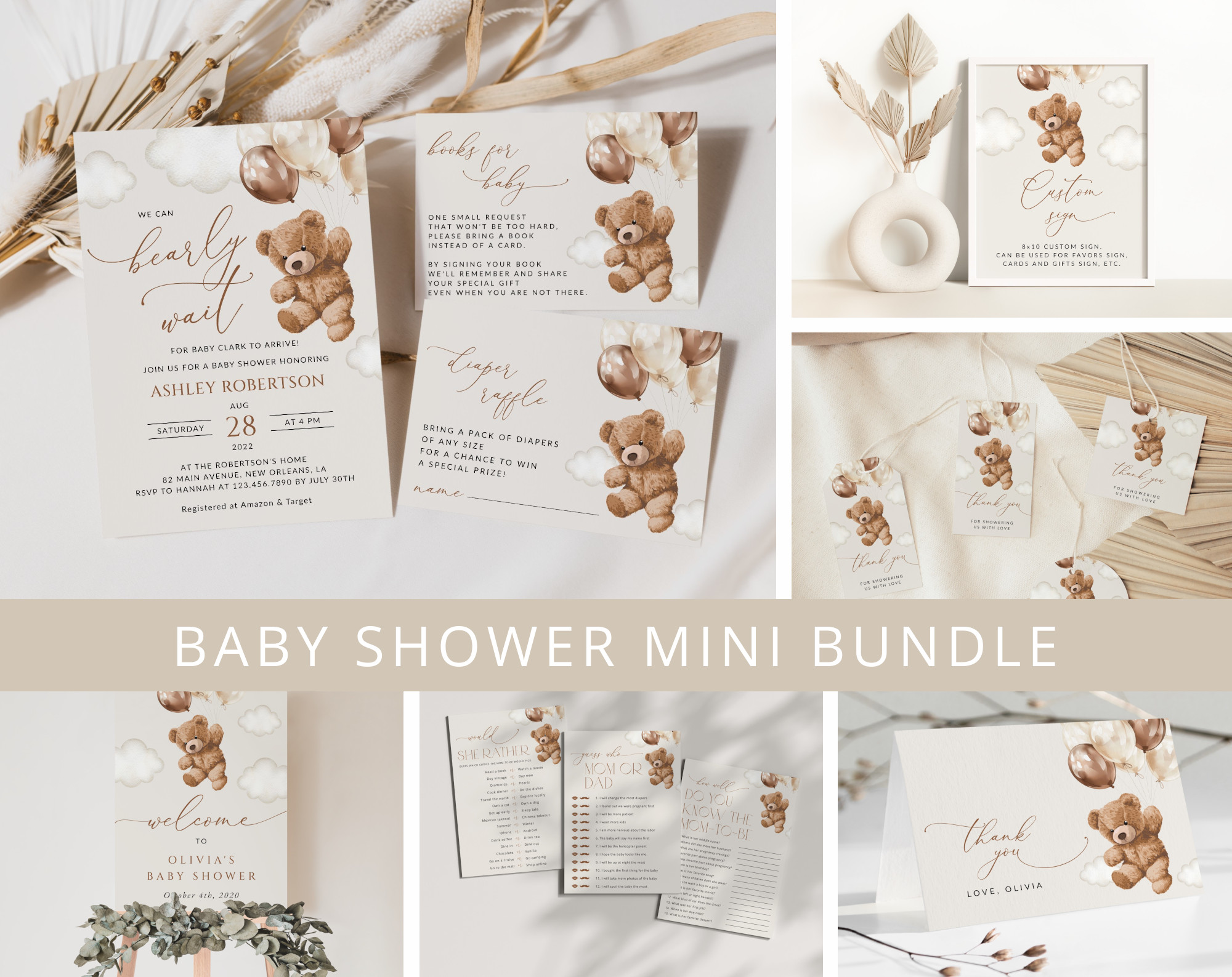 Teddy Bear with Brown Balloons Baby Shower Mini Bundle, Gender Neutral Baby Shower, Printable File, Edit Yourself, SH64