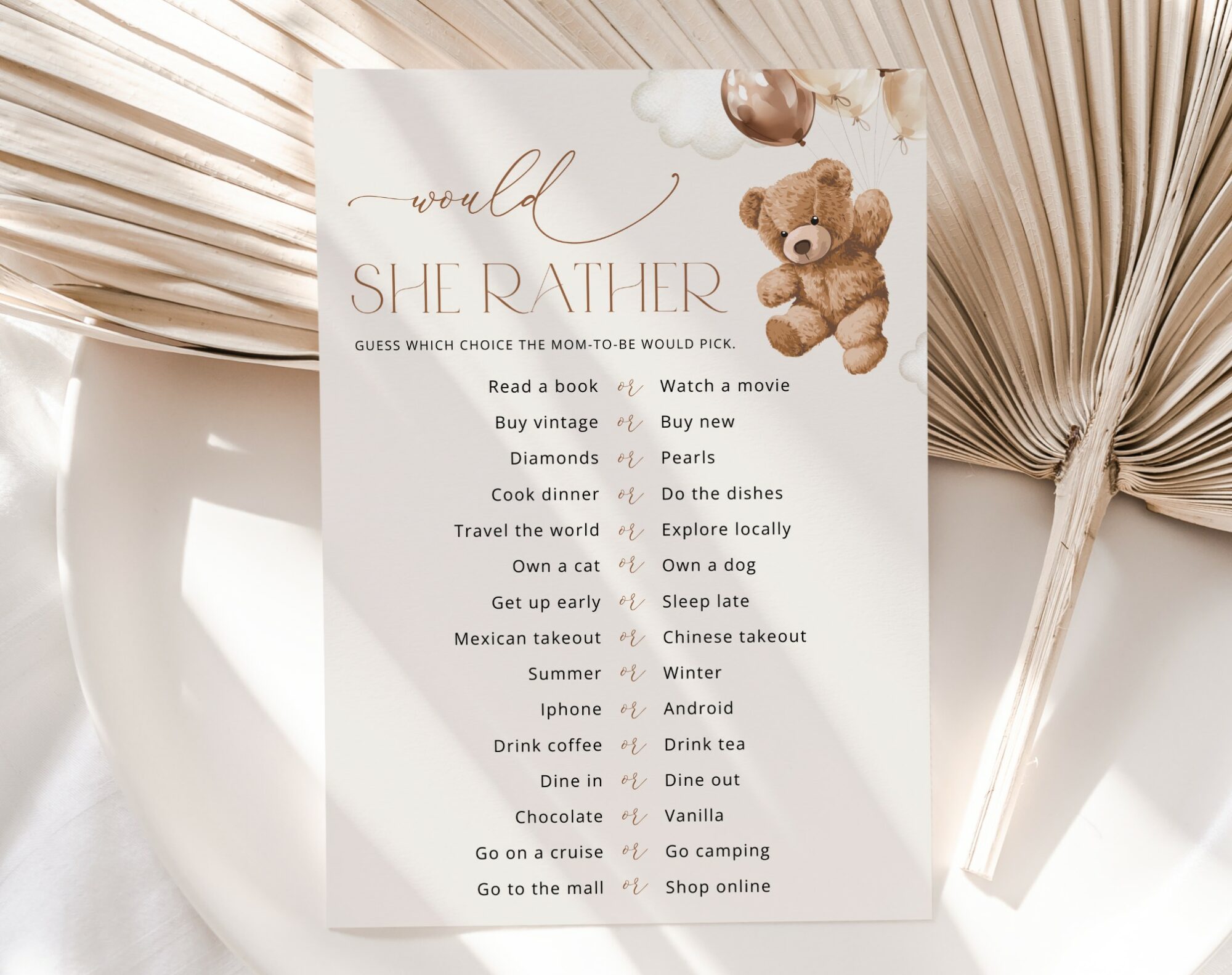 Teddy Bear with Brown Balloons Baby Shower Games, Set of 3 Games, Gender Neutral Baby Shower, Printable File, Edit Yourself, SH64