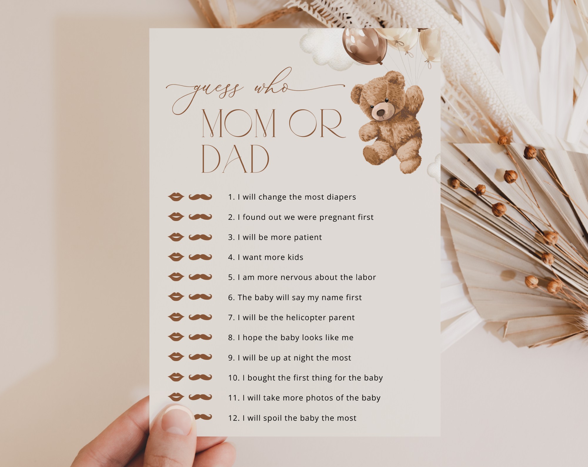 Teddy Bear with Brown Balloons Baby Shower Games, Set of 3 Games, Gender Neutral Baby Shower, Printable File, Edit Yourself, SH64
