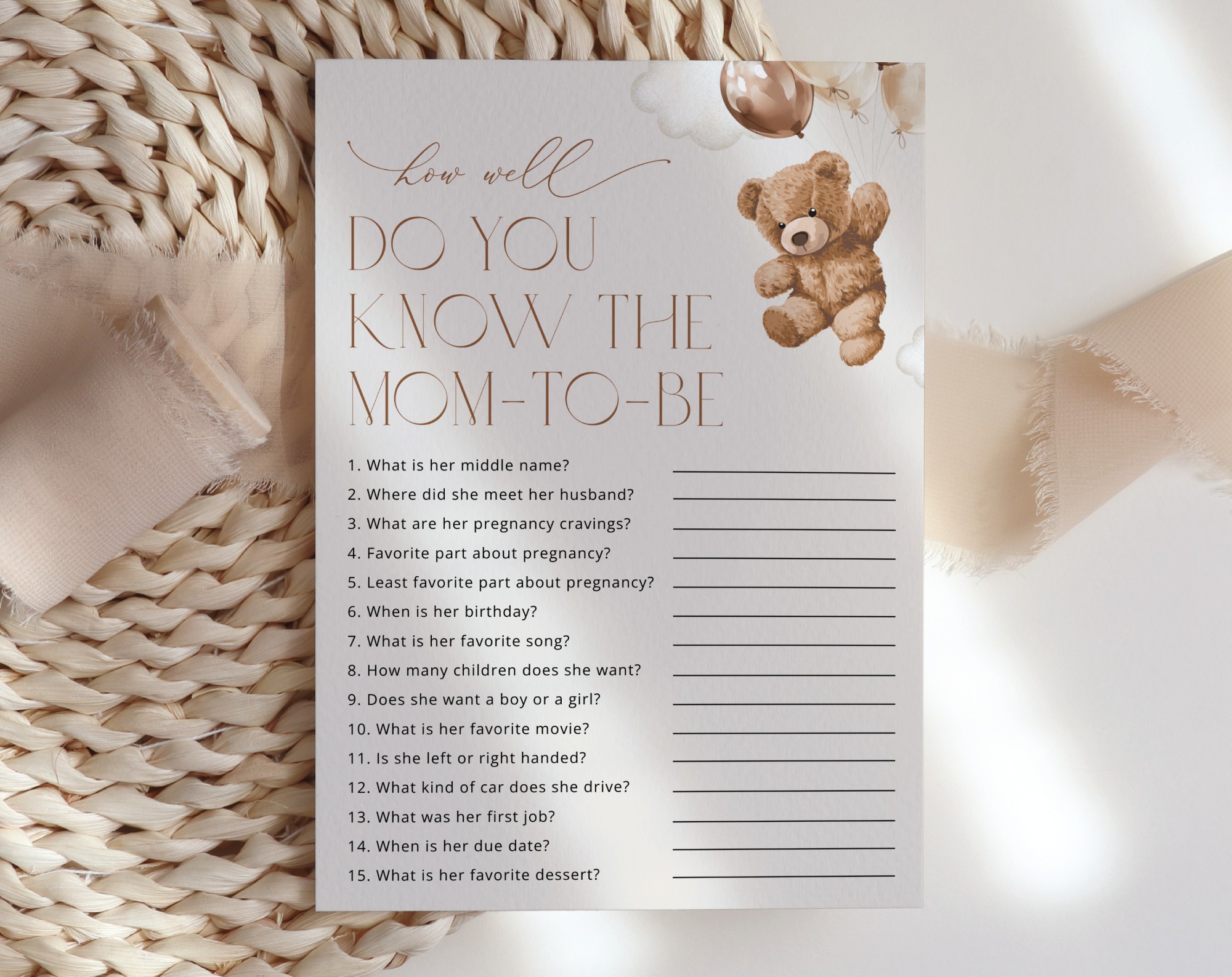 Teddy Bear with Brown Balloons Baby Shower Games, Set of 3 Games, Gender Neutral Baby Shower, Printable File, Edit Yourself, SH64