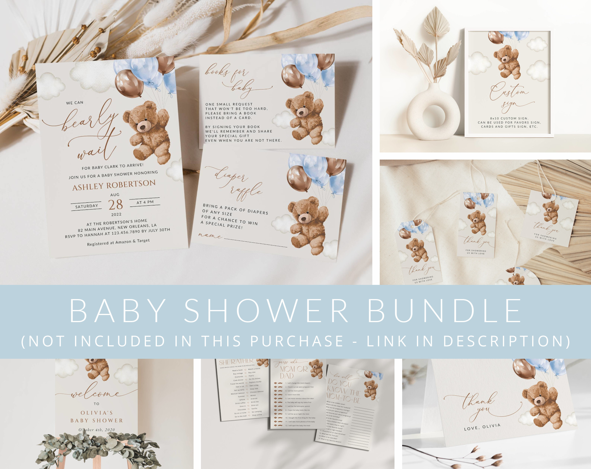 Teddy Bear with Blue Balloons Baby Shower Mini Bundle, Boy Baby Shower, Printable File, Edit Yourself, SH65